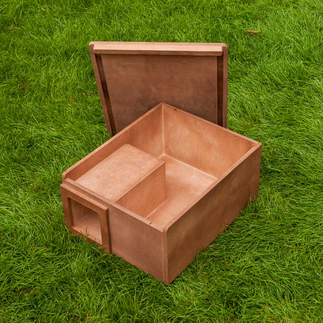 Hedgehog nest box with lid open. Made of FSC certified plywood.