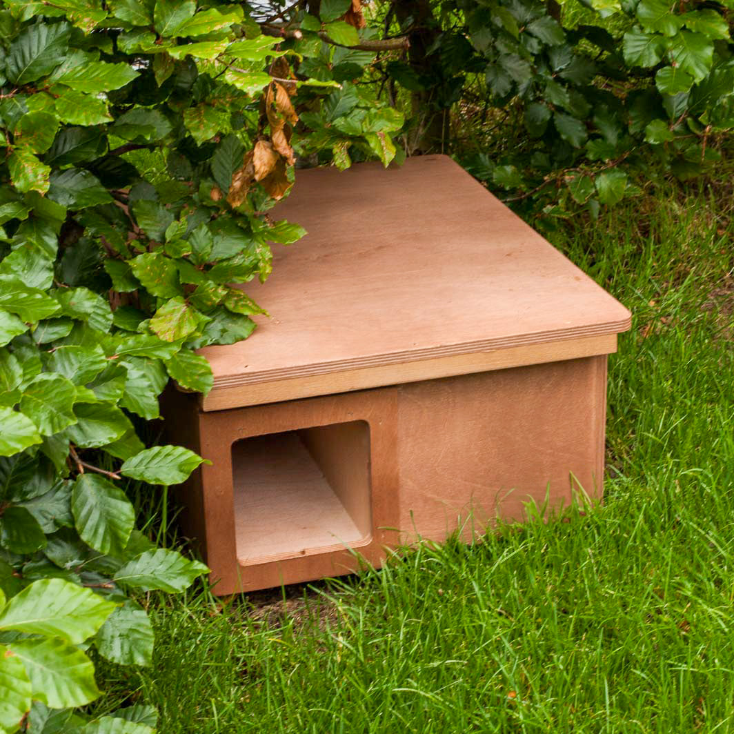 Hedgehog nest box placed under hedging. Made of FSC certified plywood.