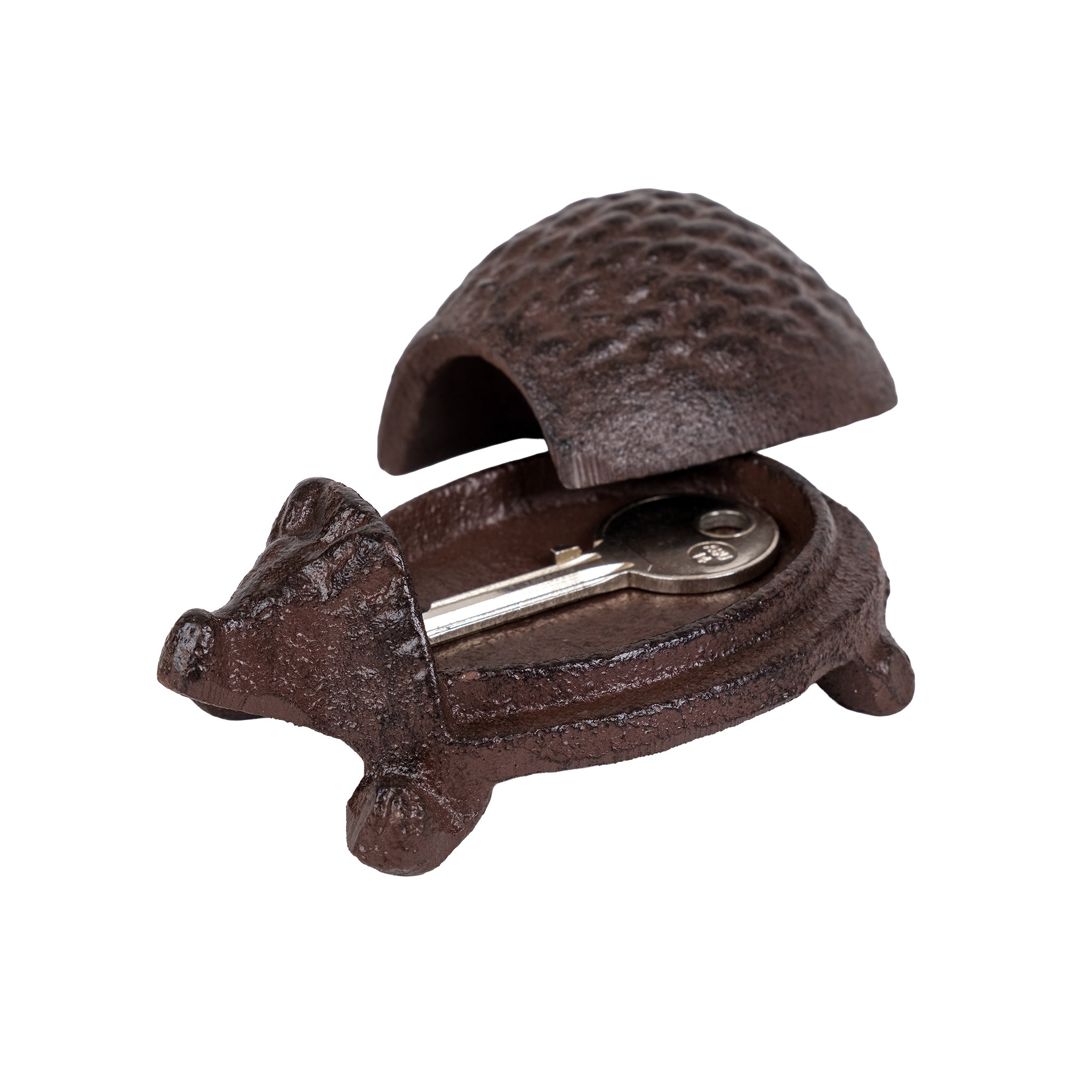 Hedgehog key keeper with view of key inside.