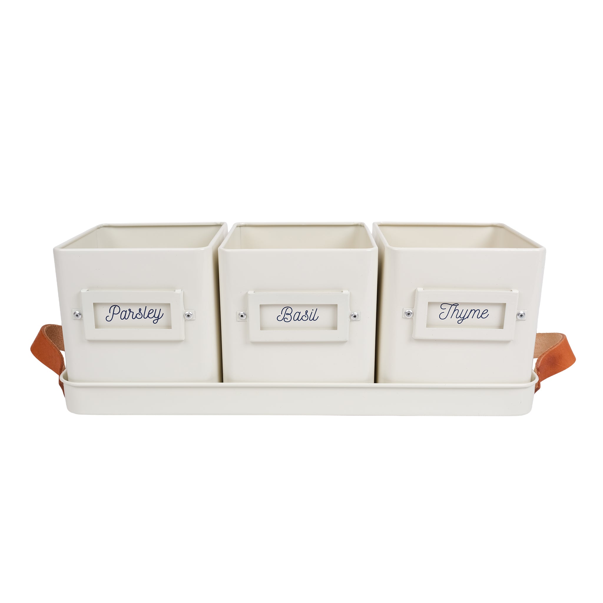 Three stone coloured herb pots labeled 'parsley', 'basil' and 'thyme' in a matching leather handled tray.