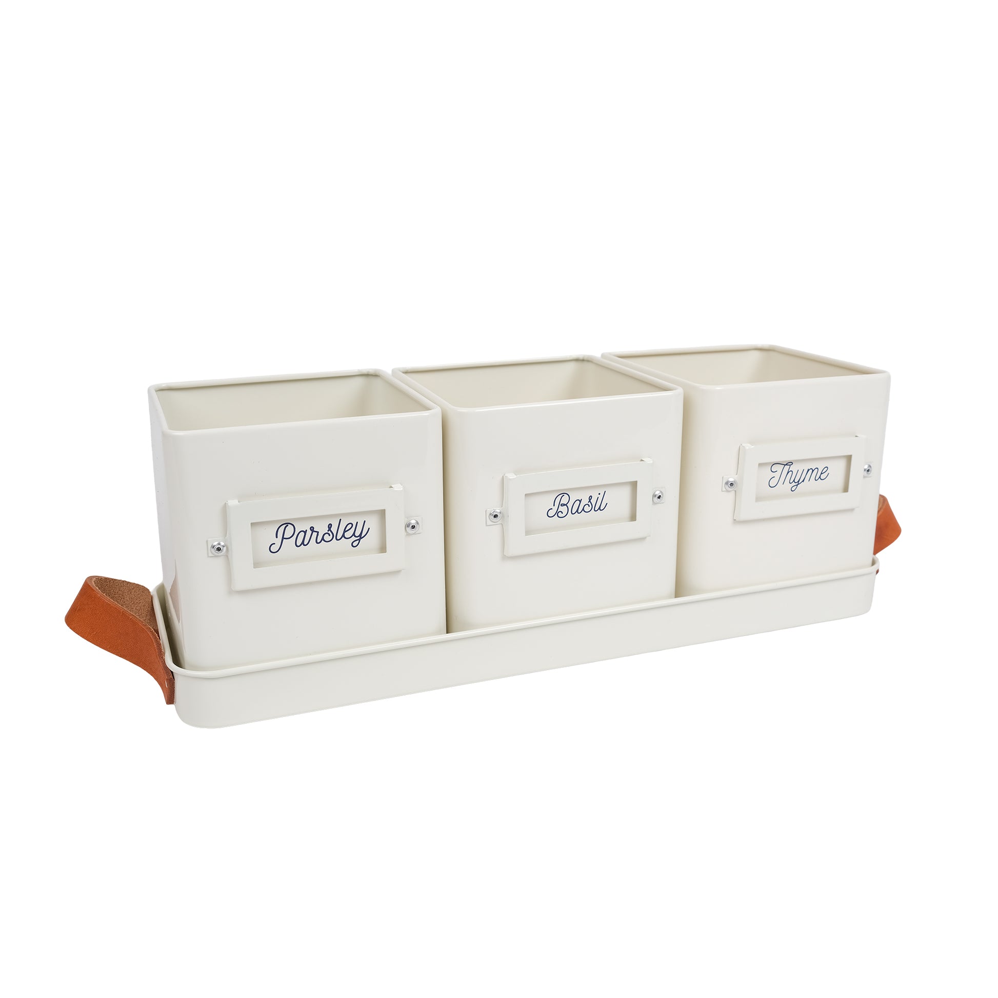 Three stone coloured herb pots labeled 'parsley', 'basil' and 'thyme' in a matching leather handled tray.