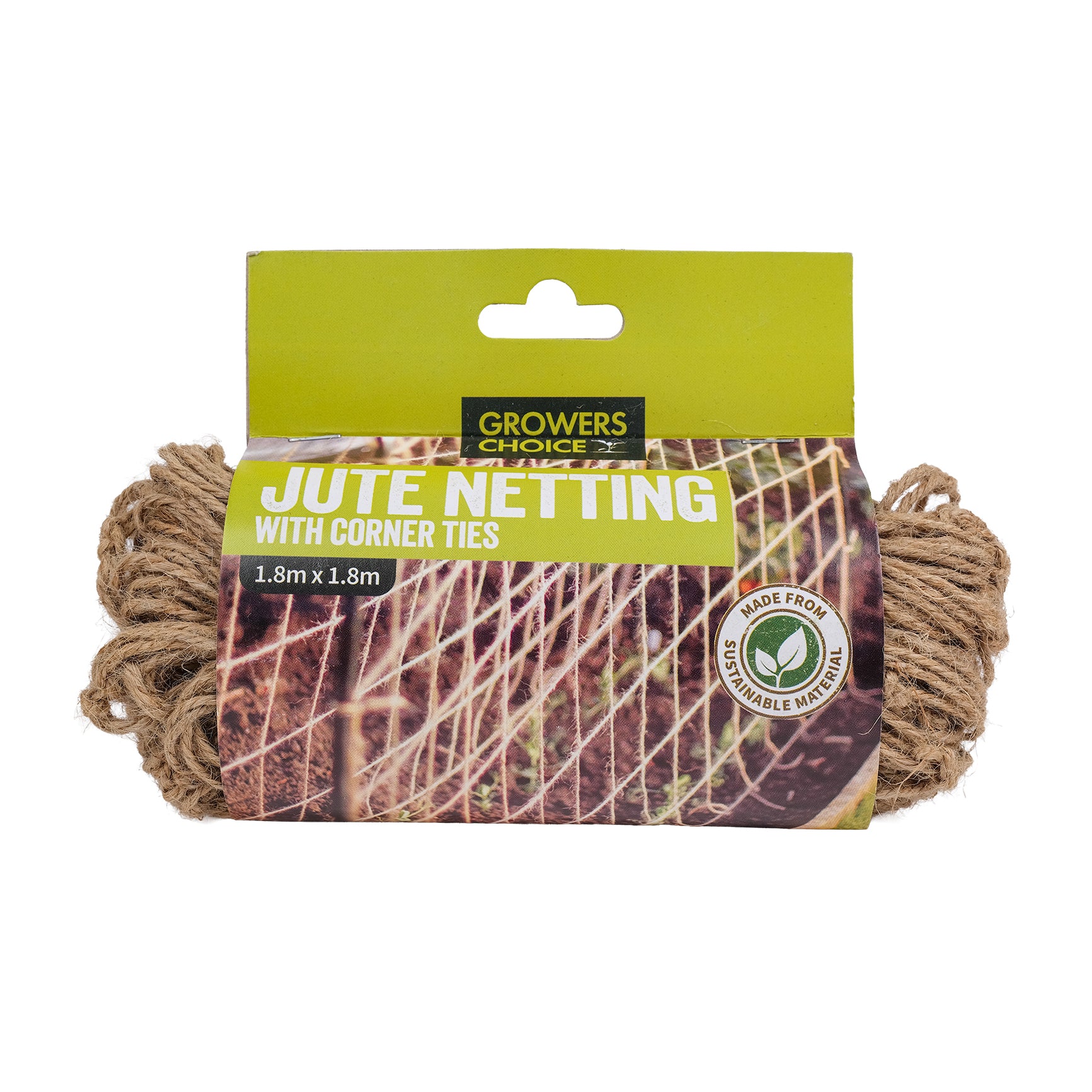 Jute Plant Support Netting with Corner Ties in its packaging.