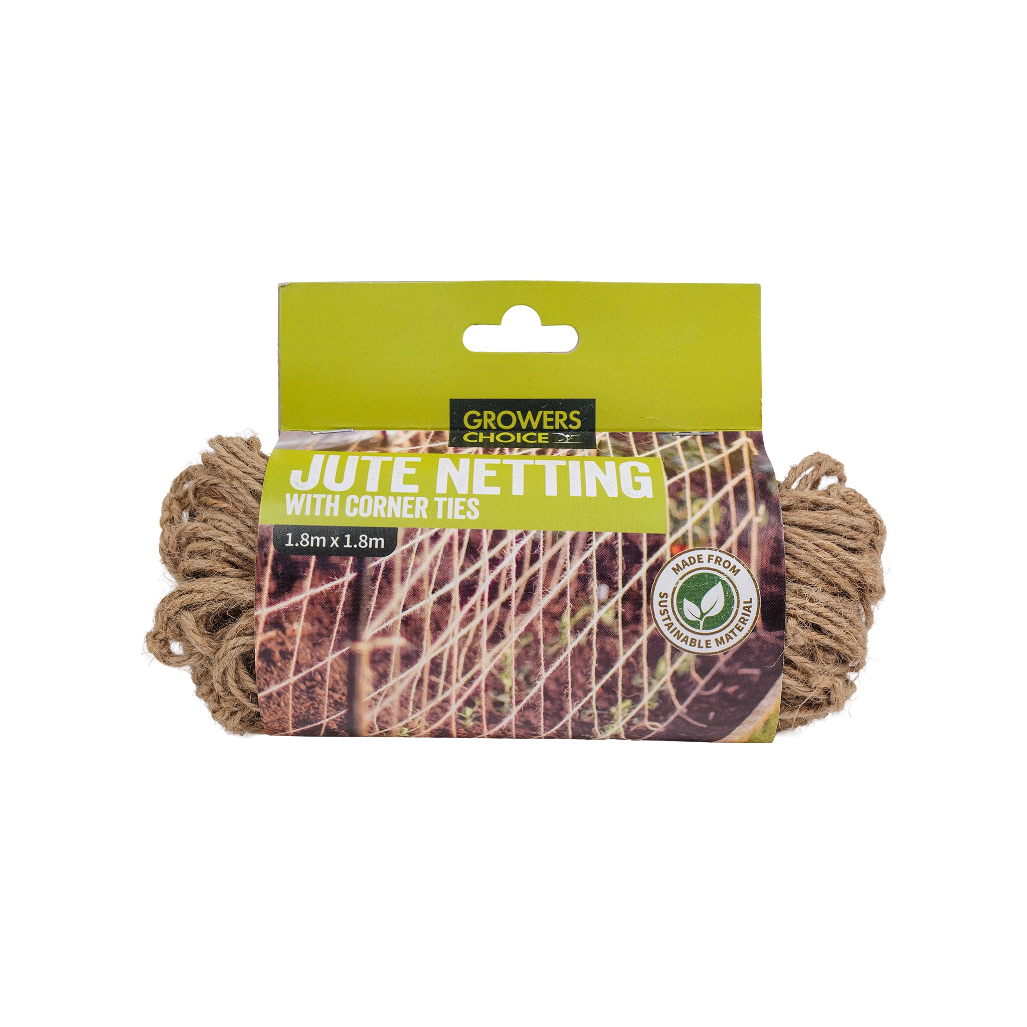 1.8 by 1.8 metre jute plant support netting with corner ties in its packaging.