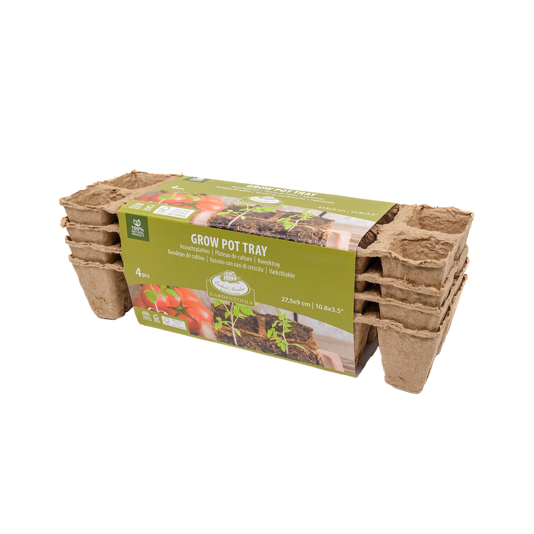 Pack of four, large, paper pulp seed trays in their paper packaging.