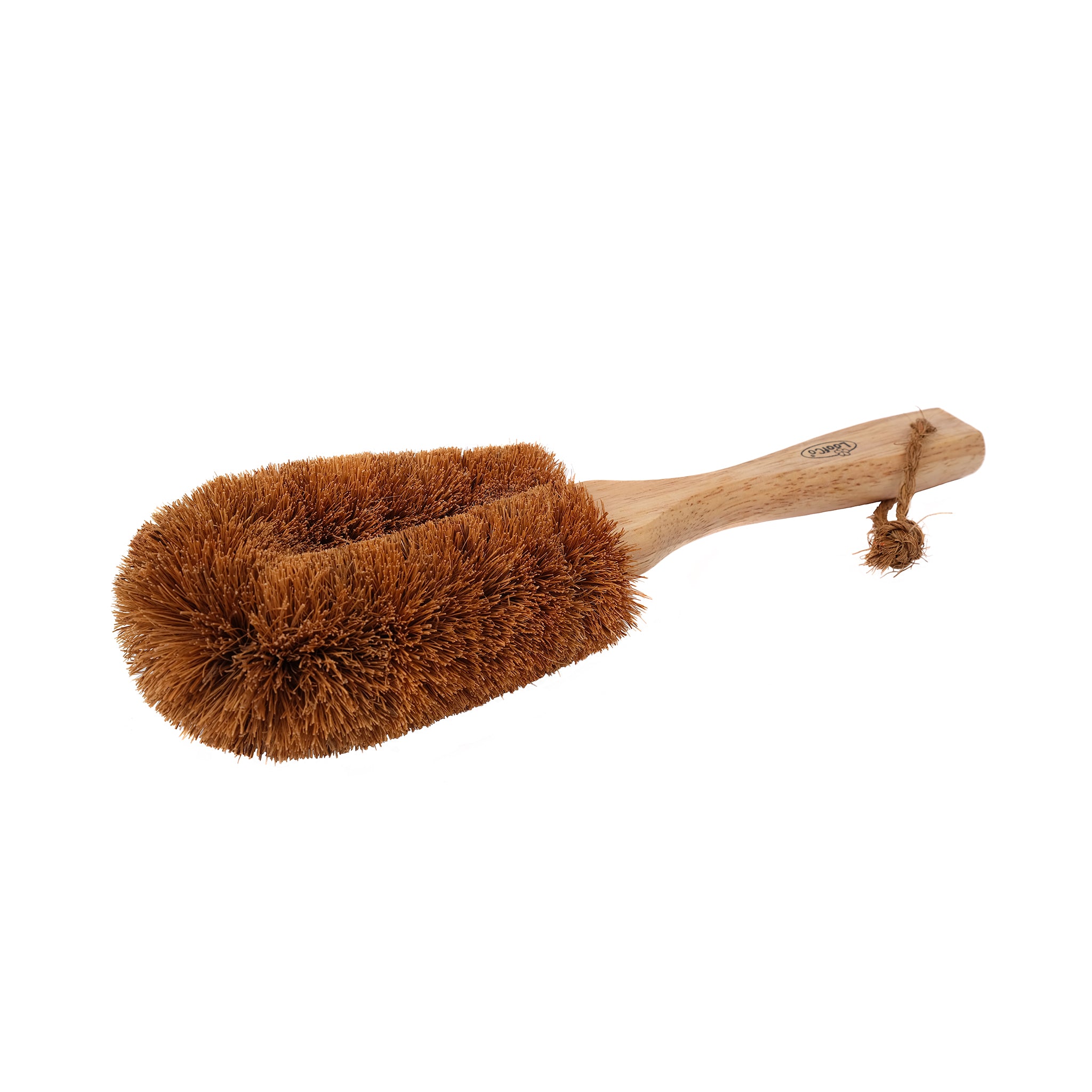 Coir fibre garden brush with a sustainably sourced rubberwood handle.
