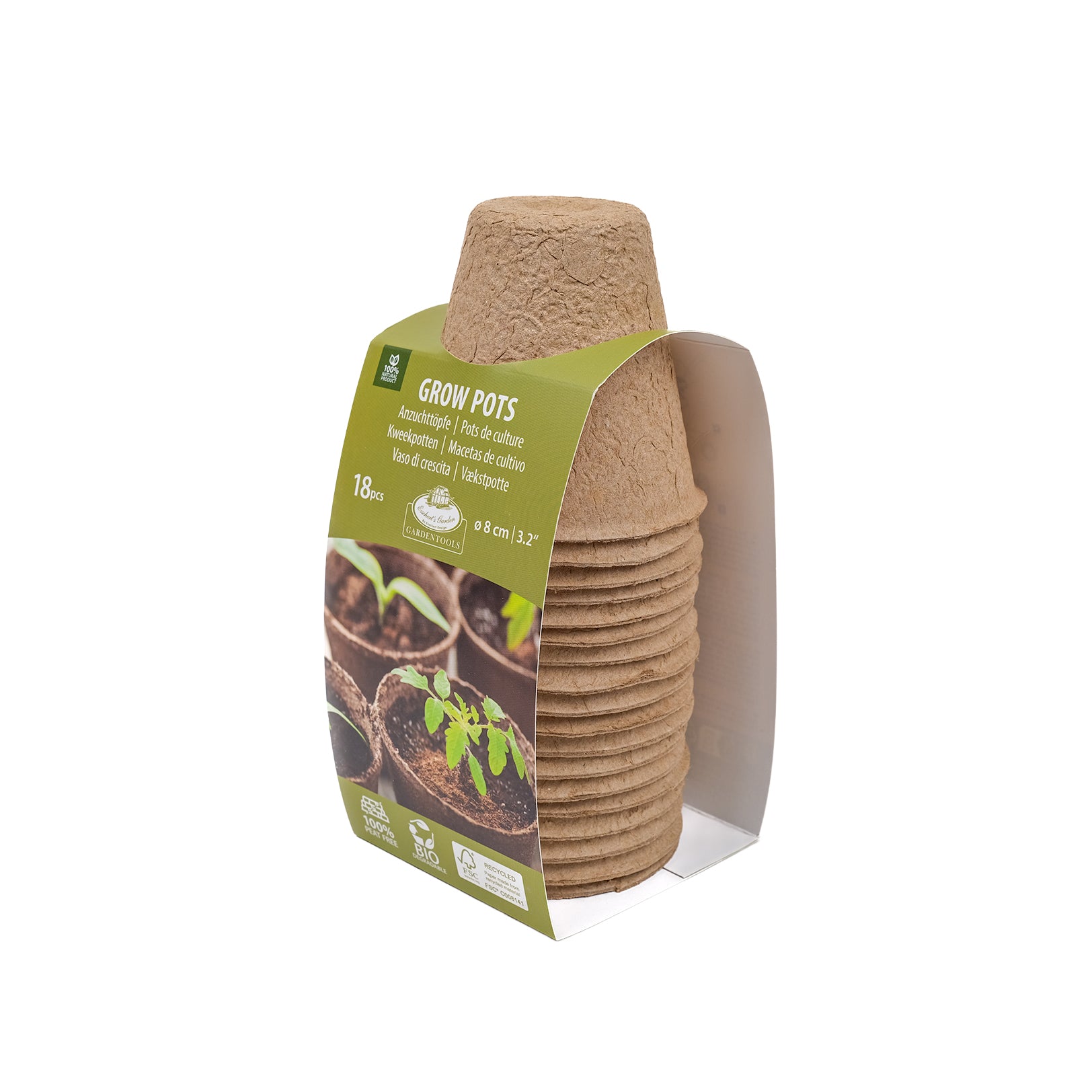Pack of eighteen, medium sized, paper pulp grow pots in their paper packaging.