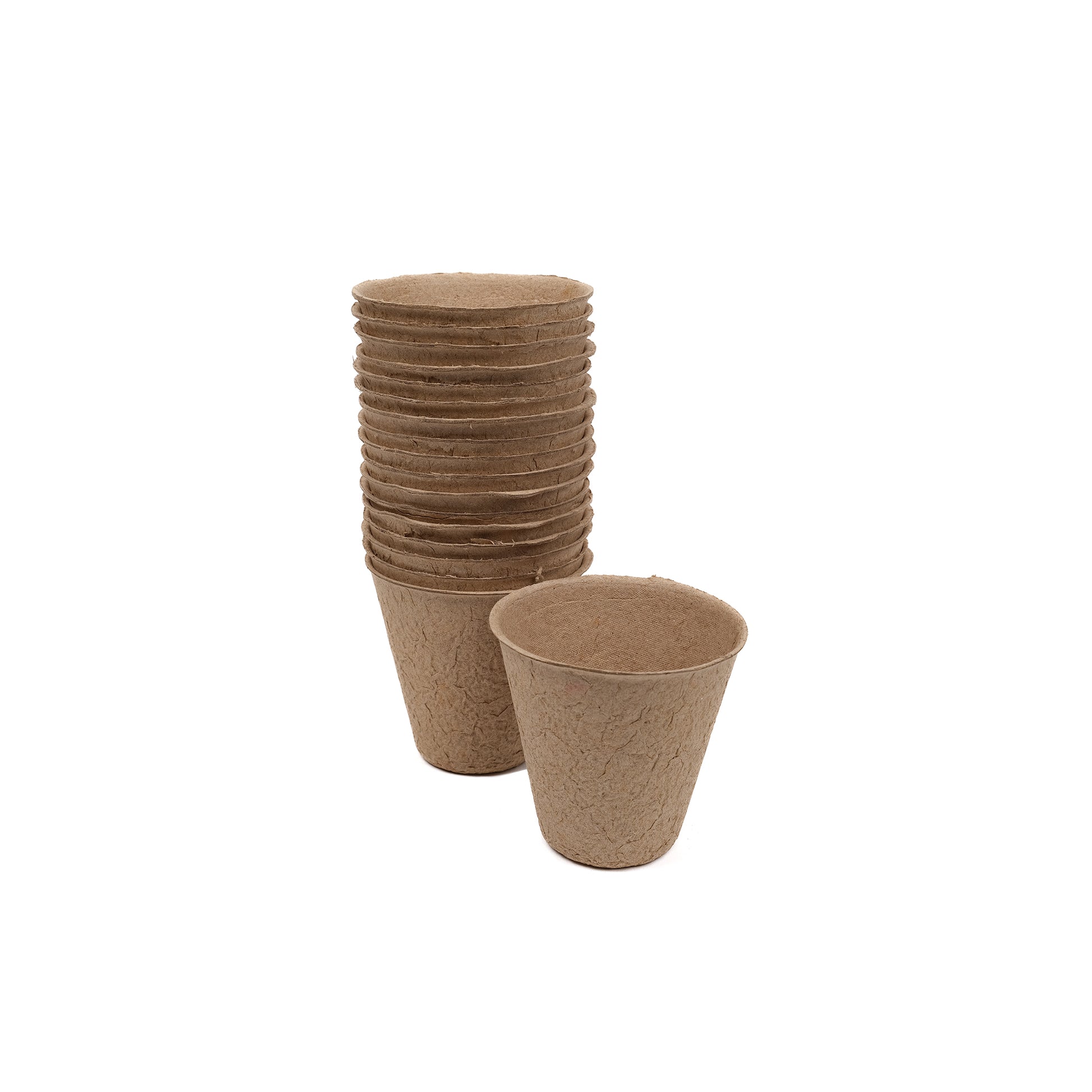 Pack of eighteen, plastic free, medium sized biodegradable grow pots made of recycled and certified paper pulp.