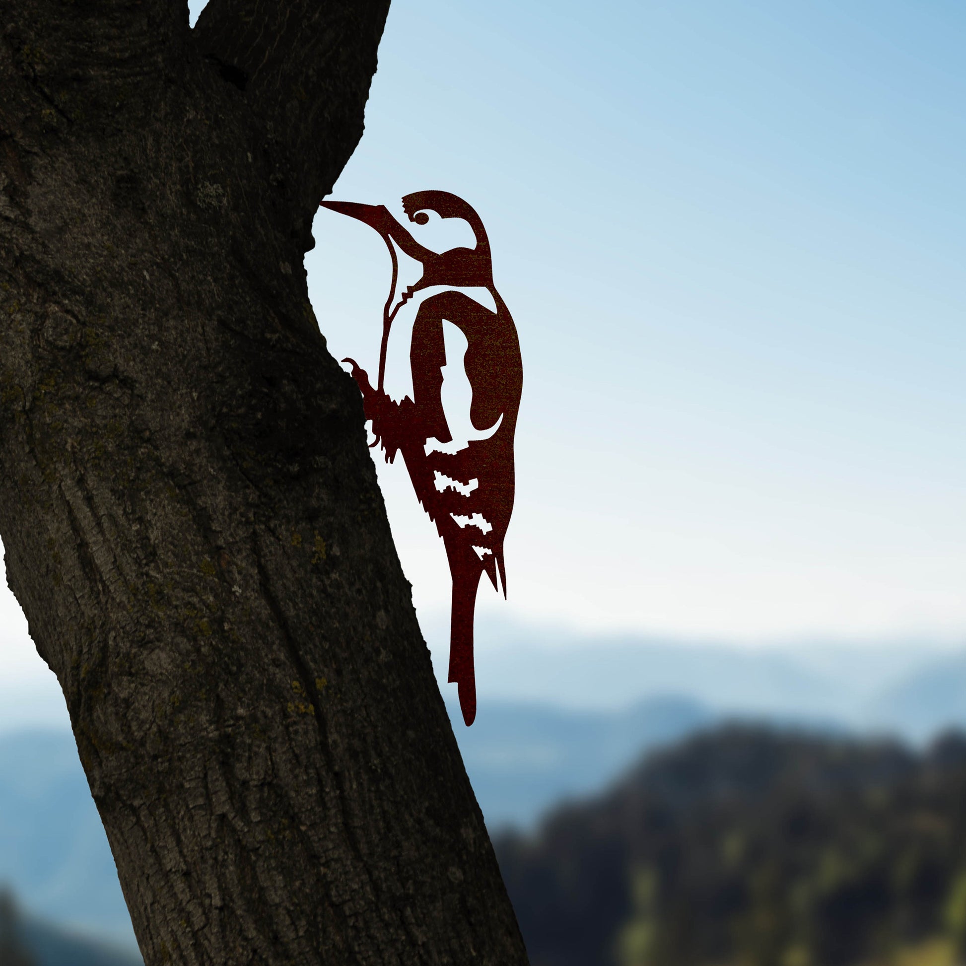 Steel metal bird silhouette and garden ornament in the shape of a great spotted woodpecker.