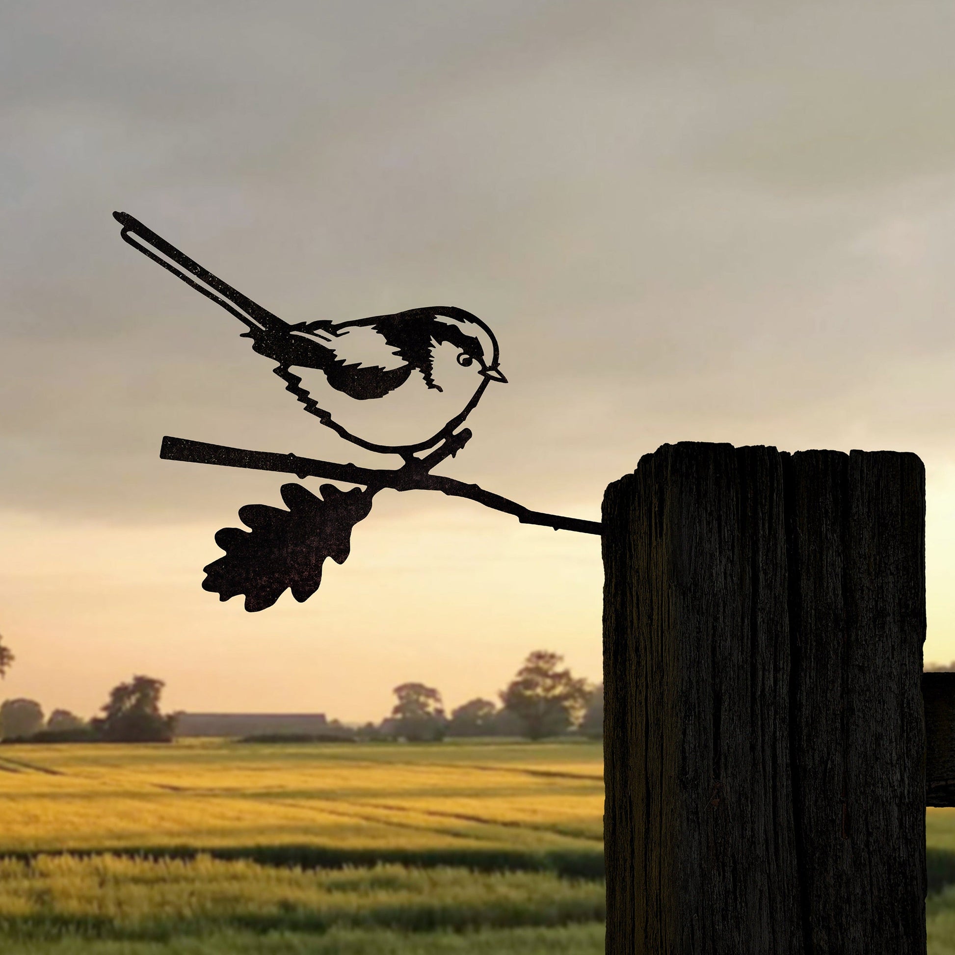 Steel metal bird silhouette and garden ornament in the shape of a long tailed tit.