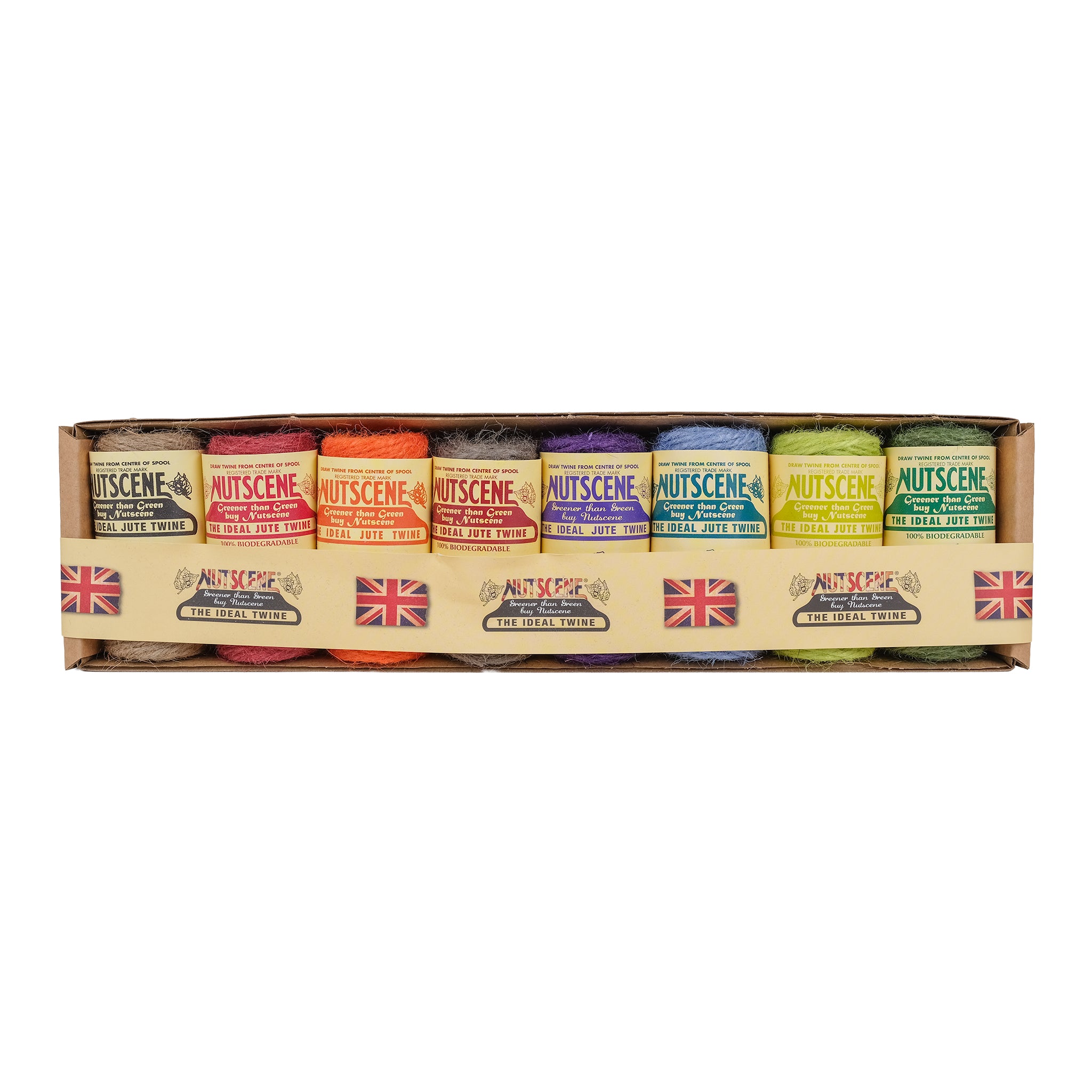 Gift box containing eight mini spools of jute twine in various colours. 