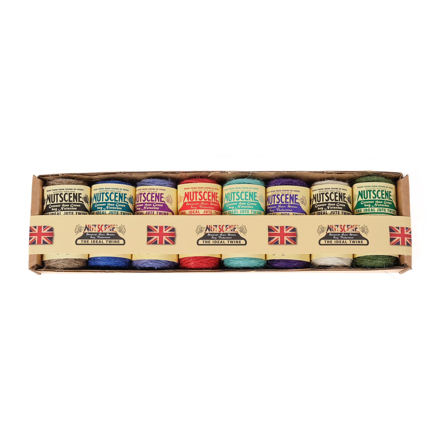Gift box containing eight mini spools of jute twine in a variety of colours.