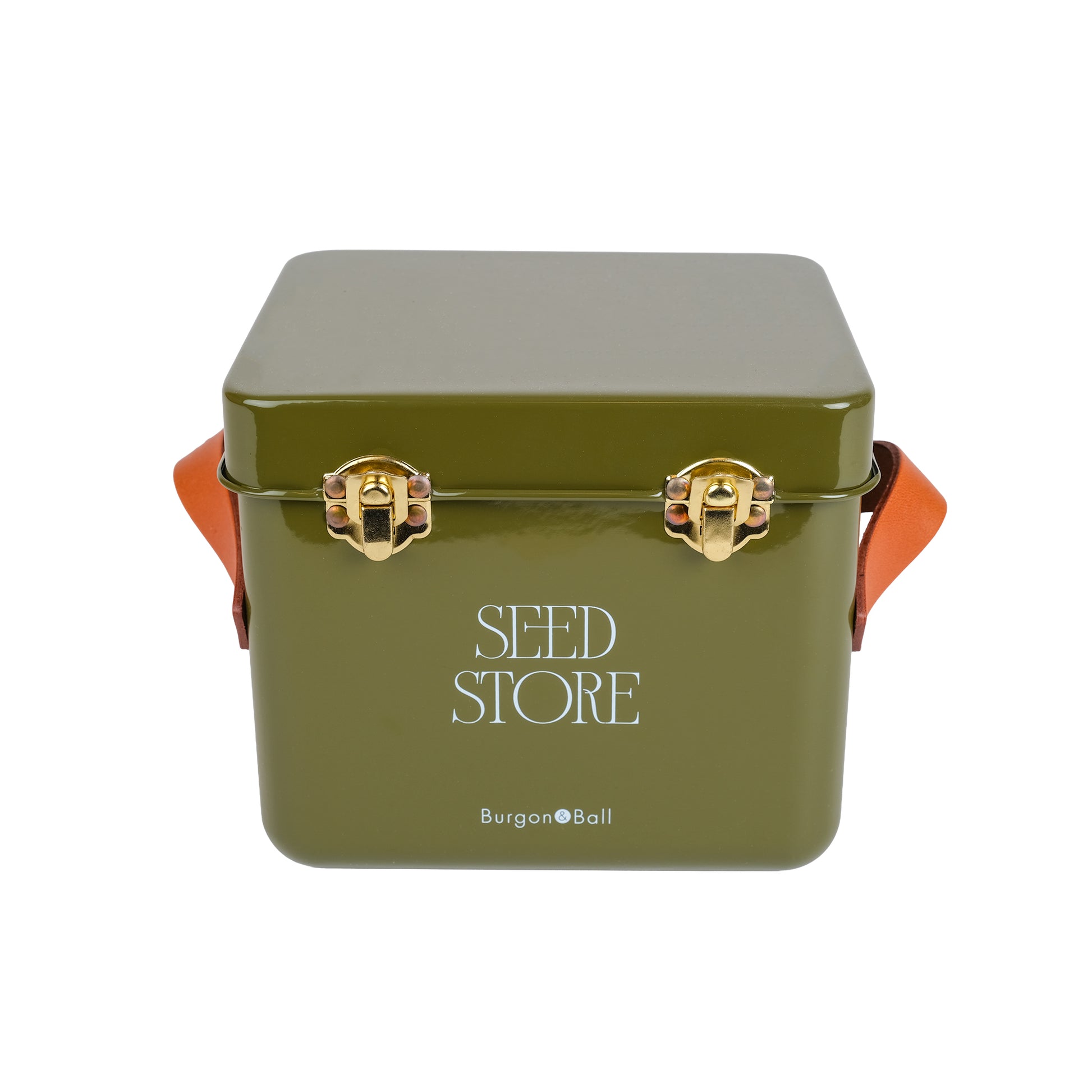 Seed packet storage tin in olive.