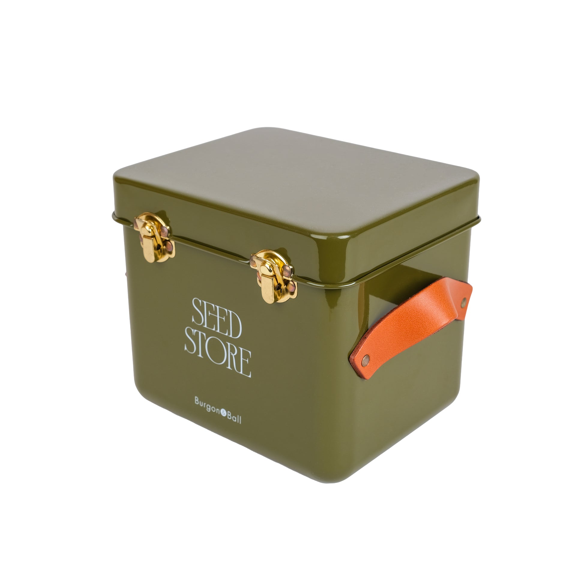 Seed packet storage tin in olive.