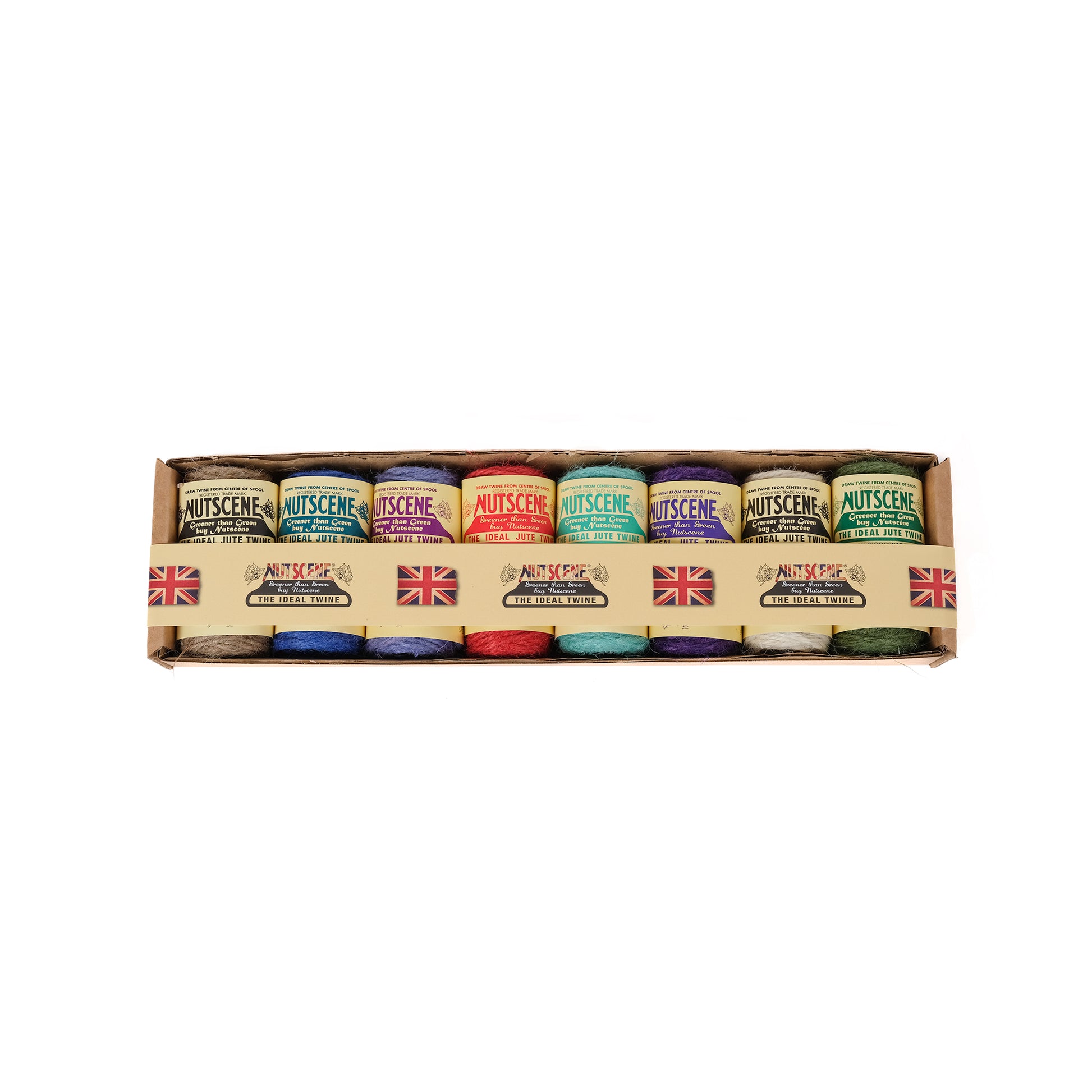 Gift box from Nutscene containing eight mini spools of jute twine in a variety of colours.