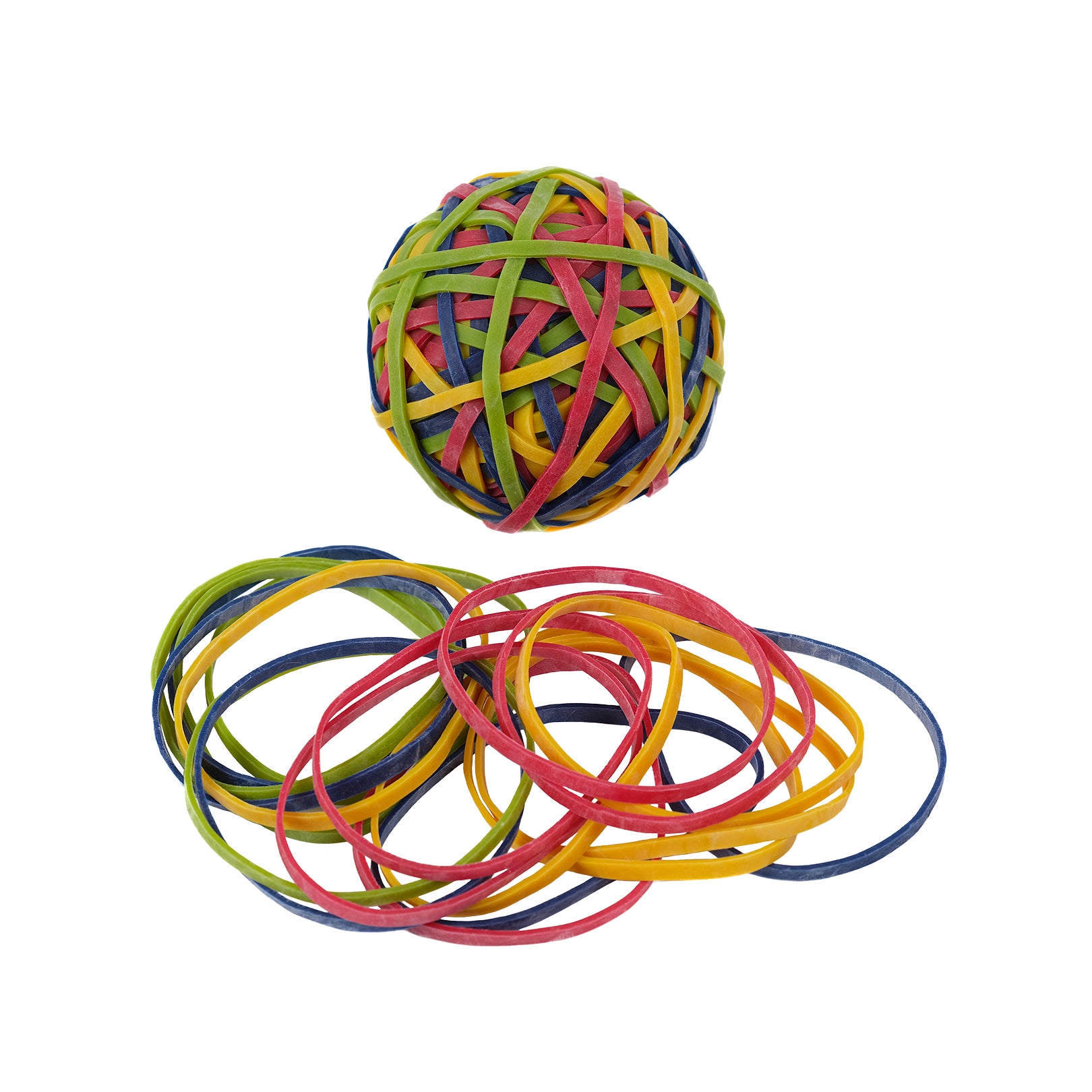 Ball of mixed coloured natural rubber bands.