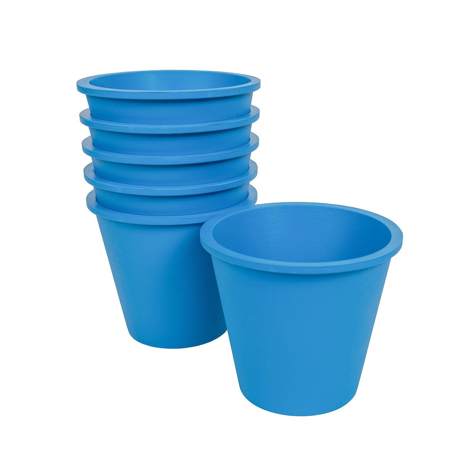 Six natural rubber plant pots in blue.
