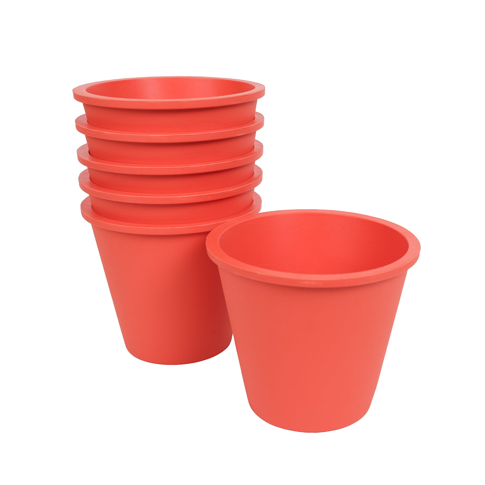 Six natural rubber plant pots in coral.