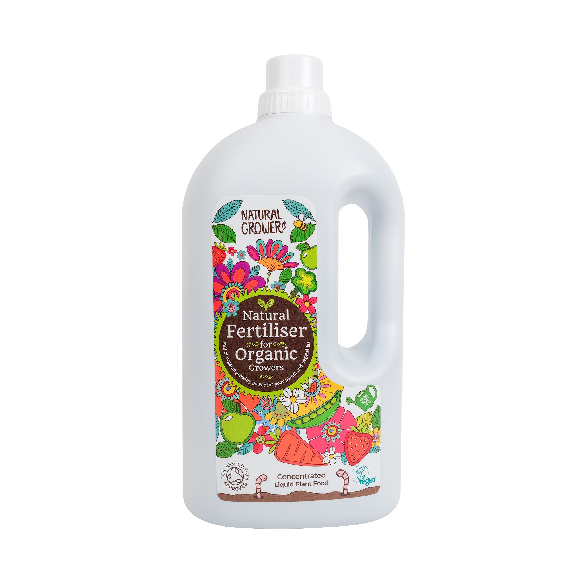 White bottle of Natural Grower organic fertiliser with colourful illustrations of fruit, vegetables and flowers on the label.