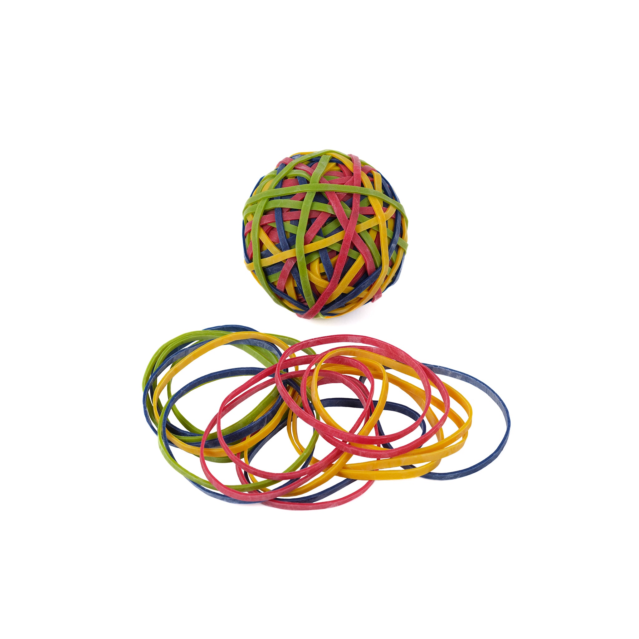 Ball of mixed coloured rubber bands made of FSC certified, fair trade natural rubber.