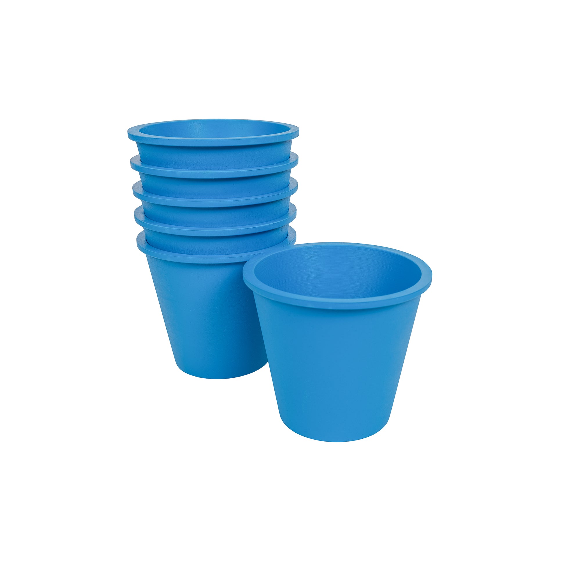 Six blue, plastic free plant pots made from FSC certified, fair trade natural rubber.