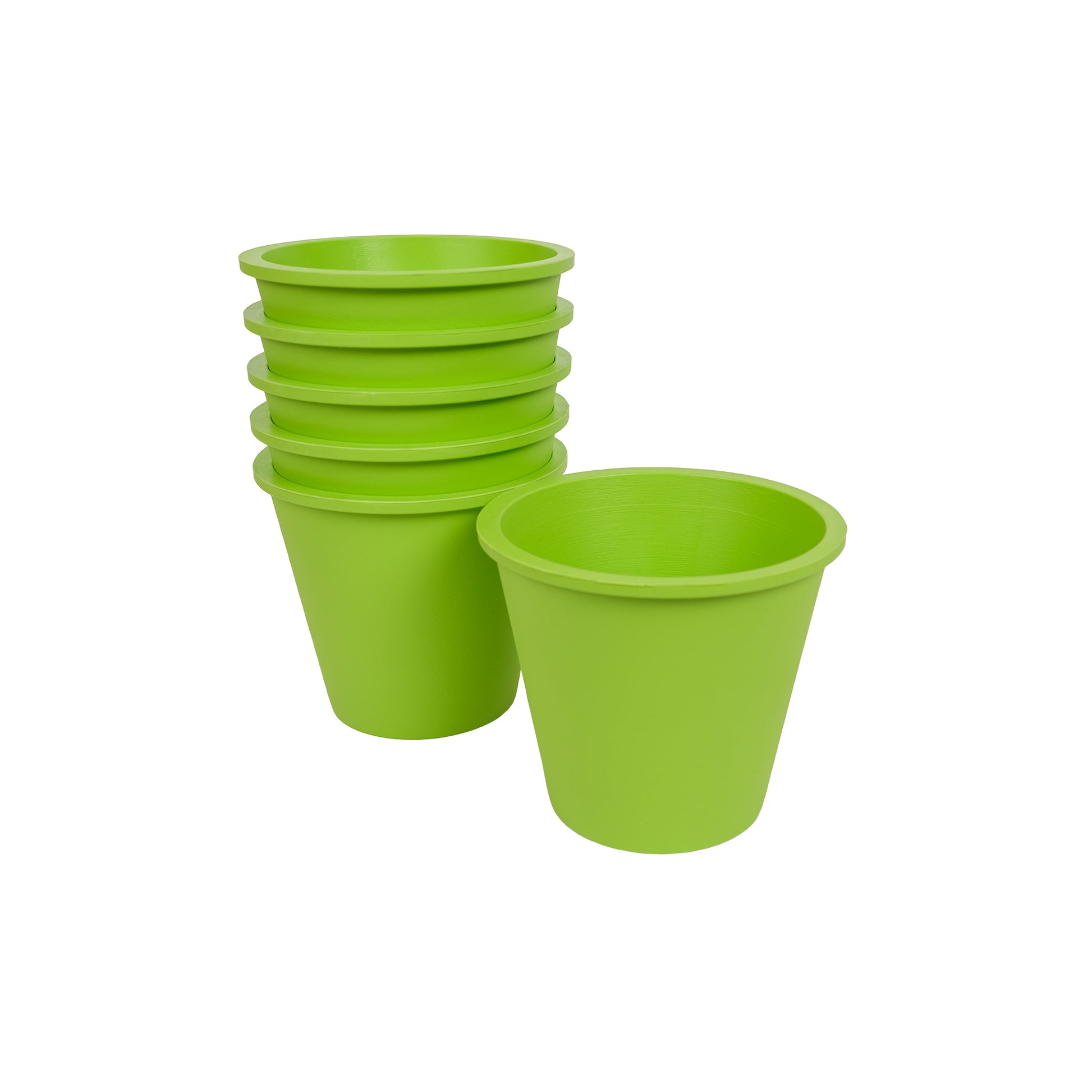 Six fresh green, plastic free plant pots made from FSC certified, fair trade natural rubber.