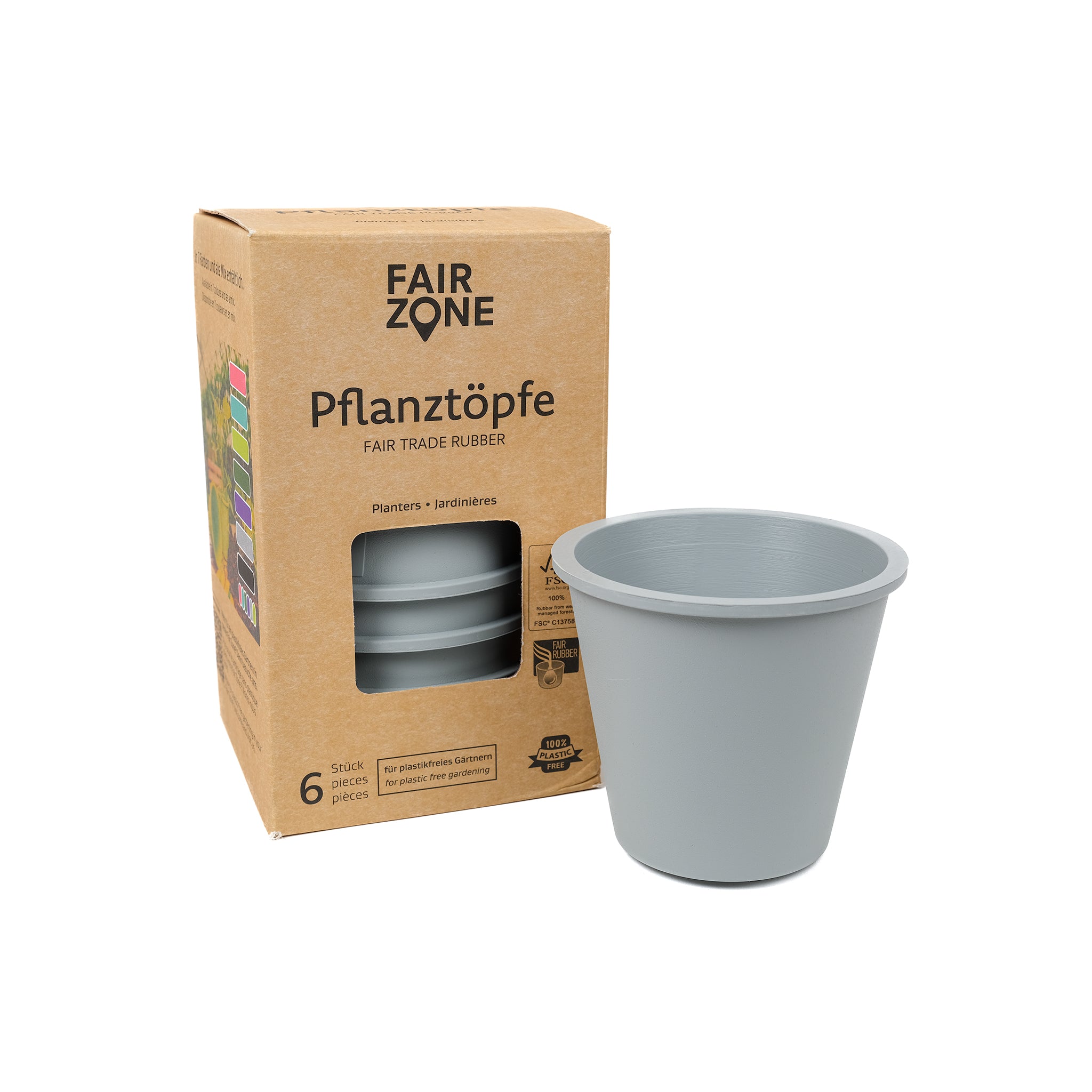Pack of 6 grey natural rubber plant pots.
