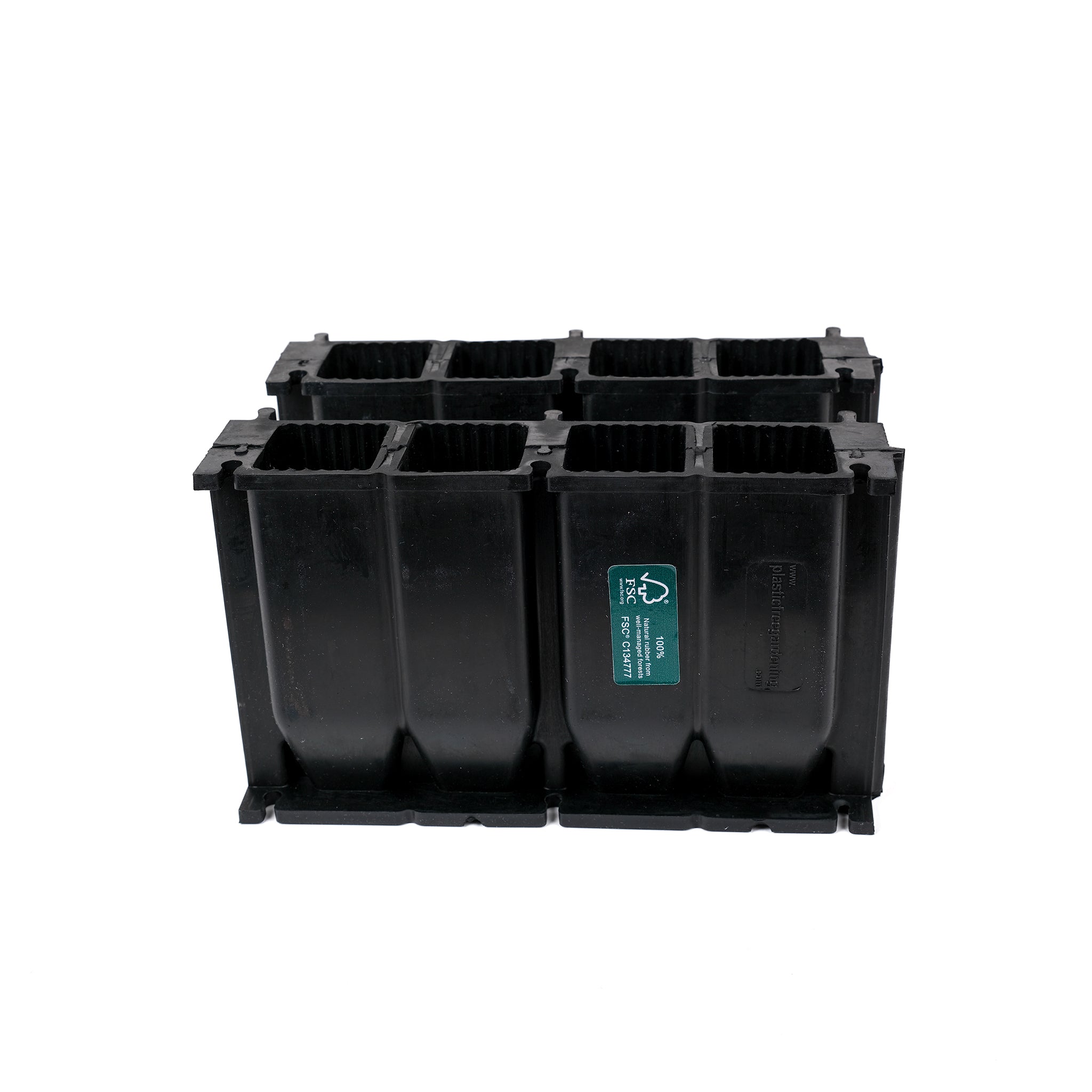 Black, plastic free, eight cell root trainer made of FSC certified, fair trade natural rubber.