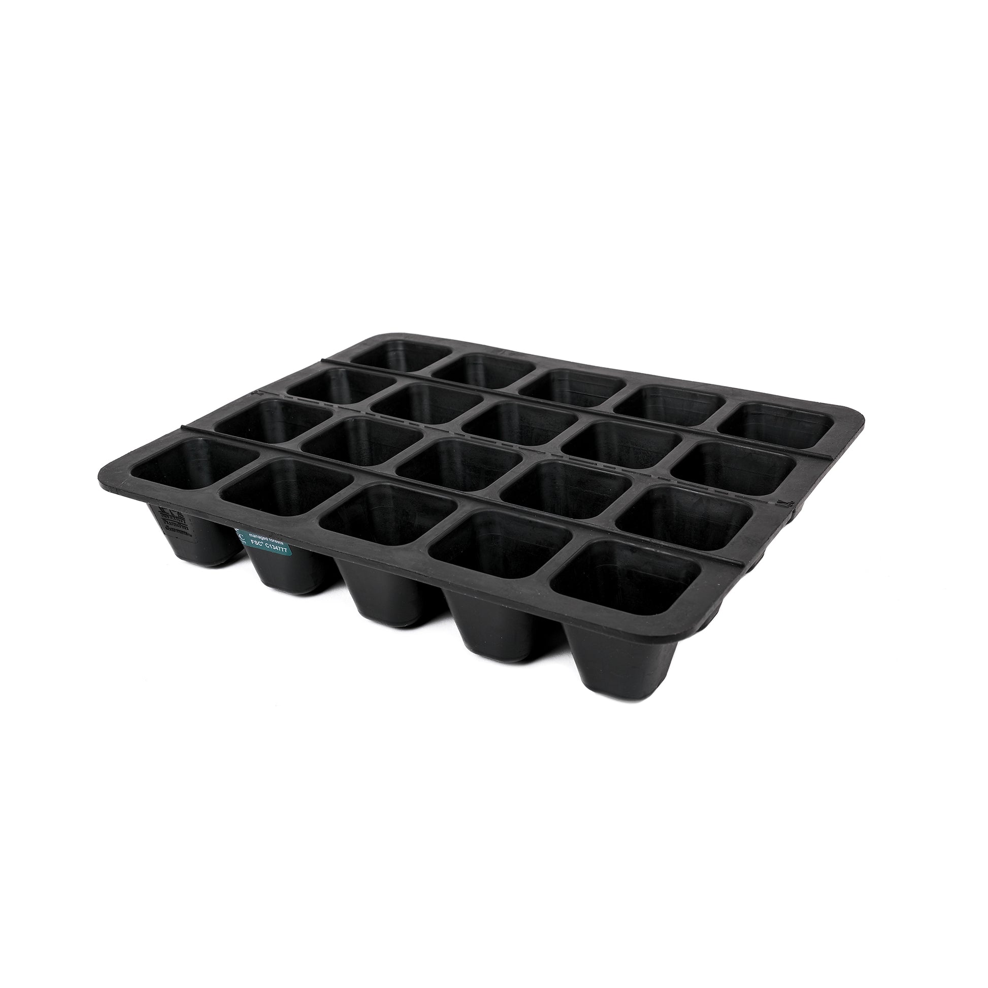 Black, plastic free, twenty cell seed tray made of FSC certified, fair trade natural rubber.