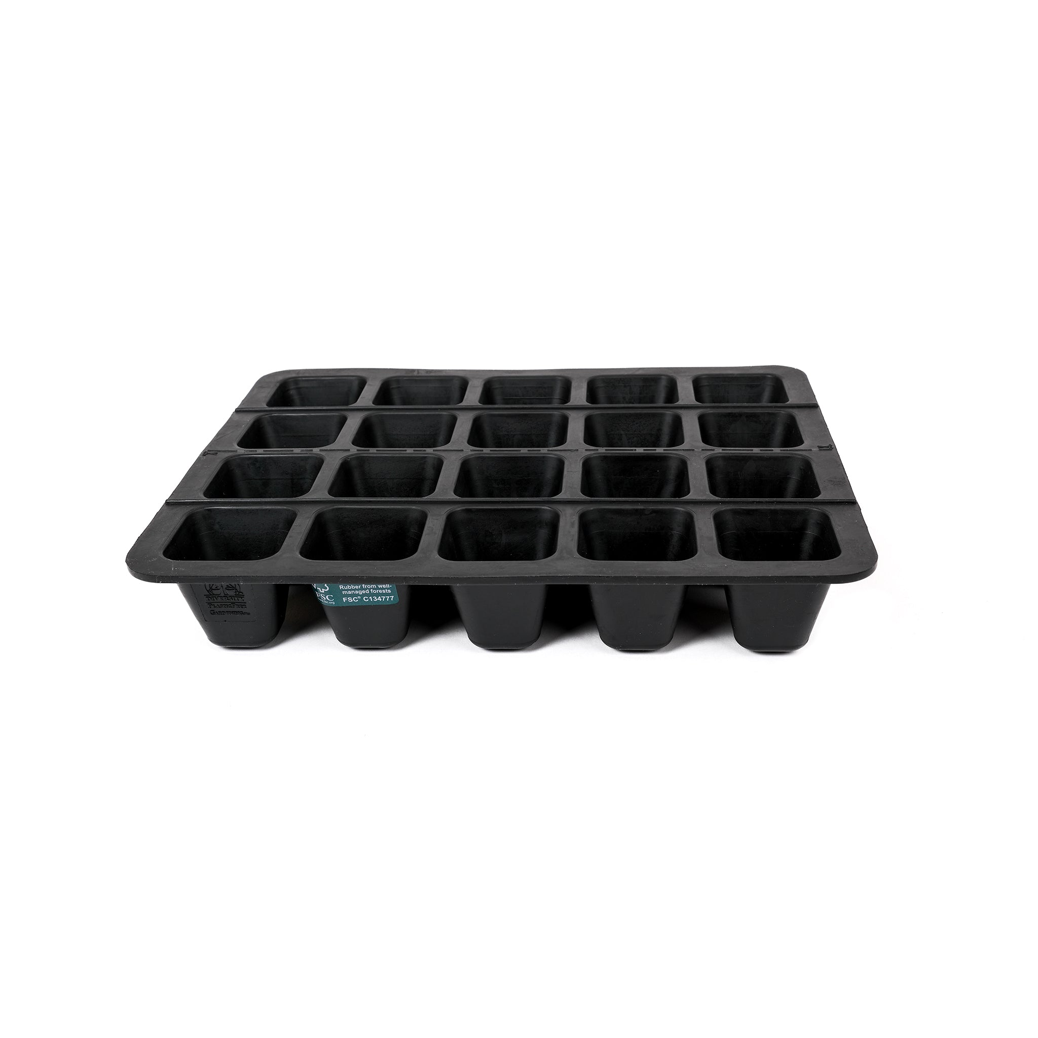 Black, plastic free, twenty cell seed tray made of FSC certified, fair trade natural rubber.