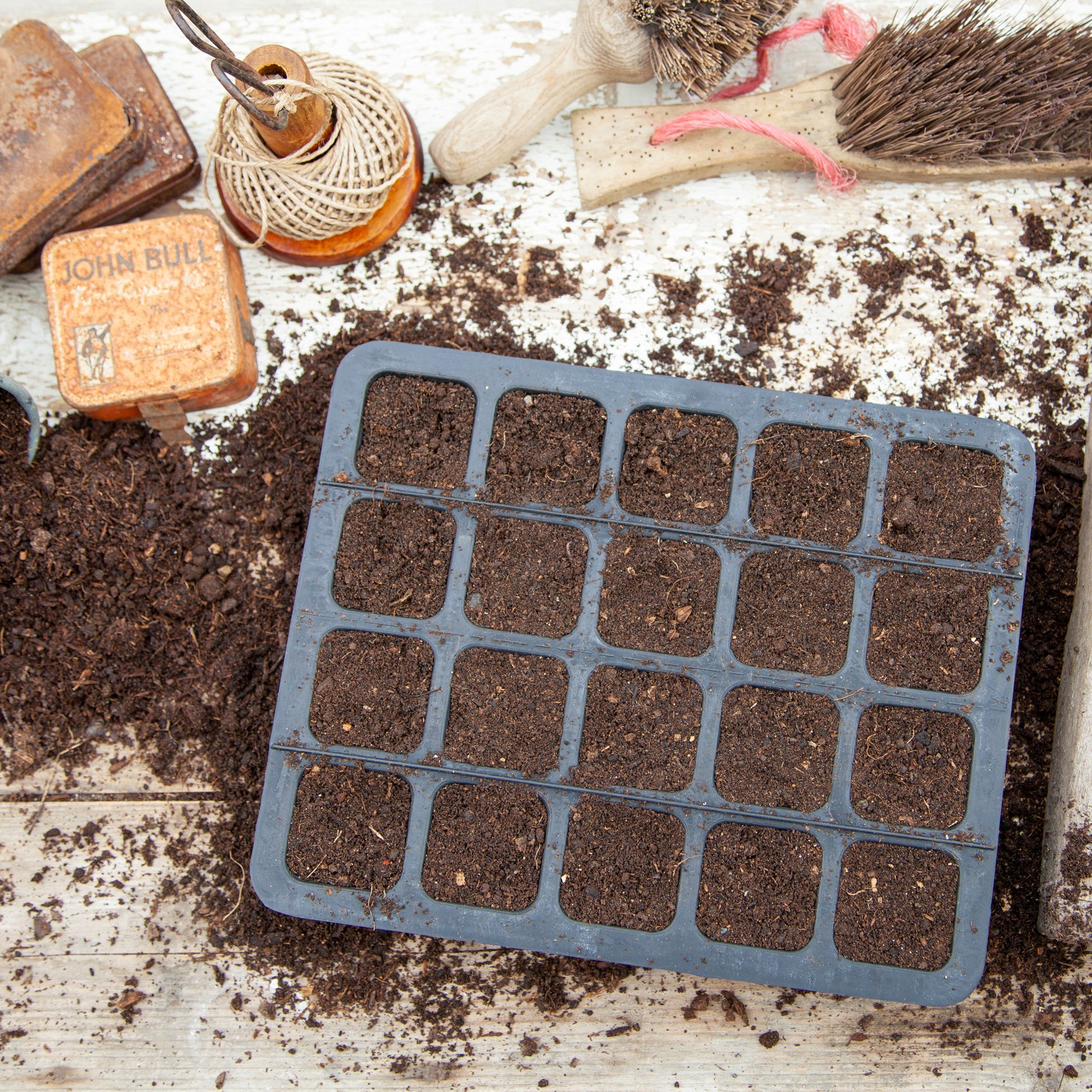 Black, plastic free, twenty cell seed tray made of FSC certified, fair trade natural rubber.