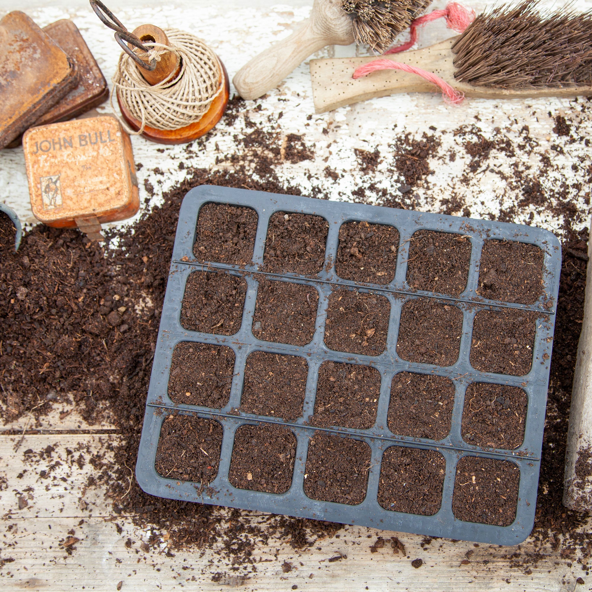 Black, plastic free, twenty cell seed tray made of FSC certified, fair trade natural rubber.