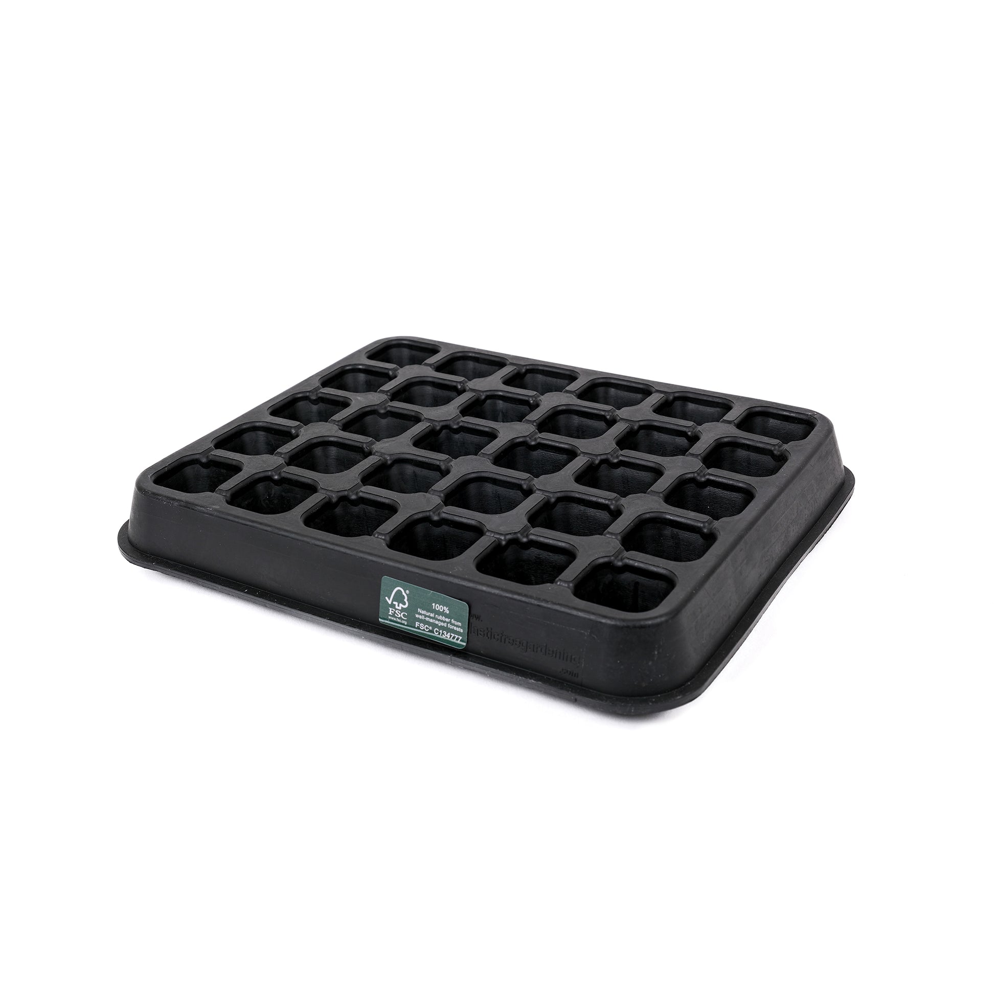 Black, plastic free, thirty cell seed tray with small cells made of FSC certified, fair trade natural rubber.