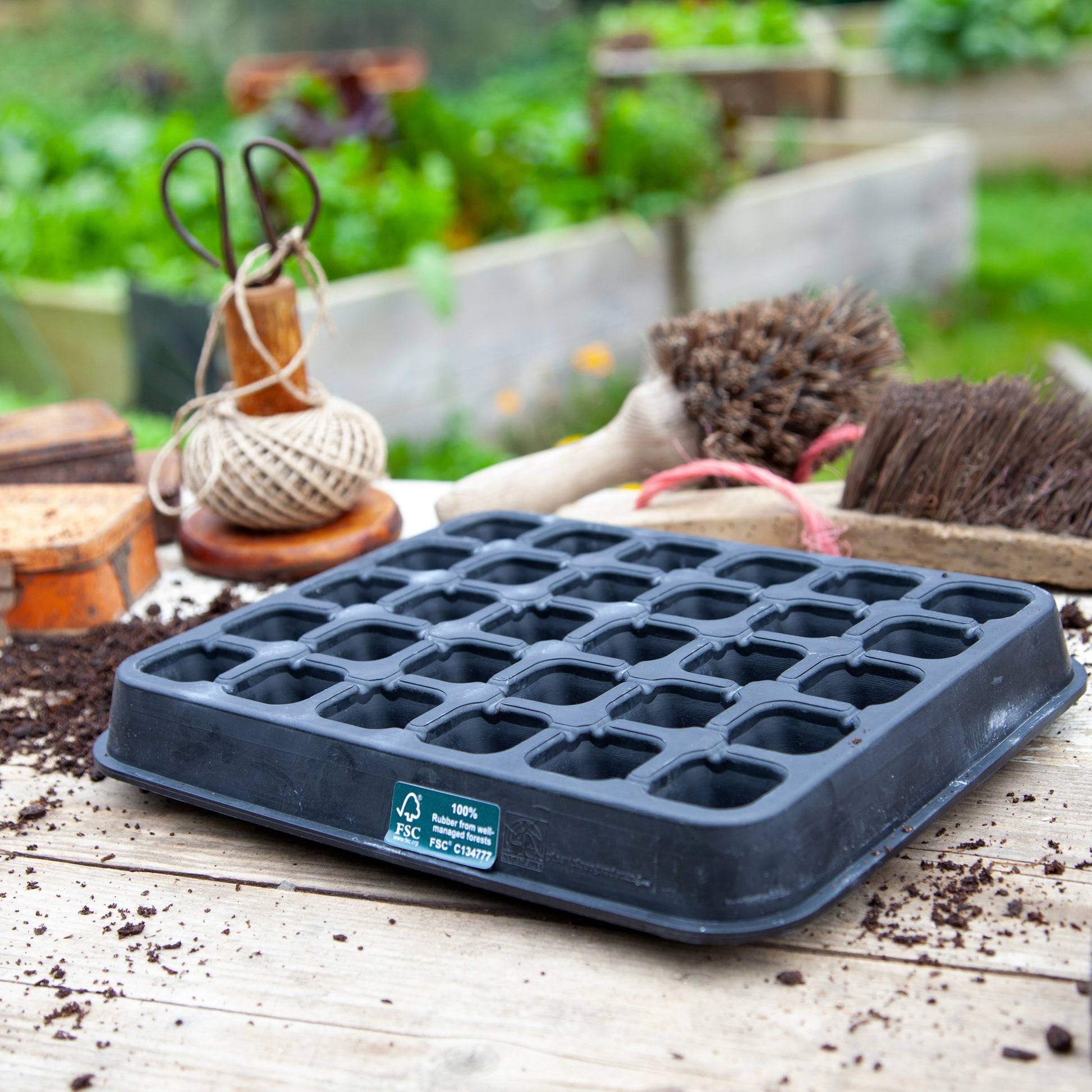 Black, plastic free, thirty cell seed tray with small cells made of FSC certified, fair trade natural rubber.