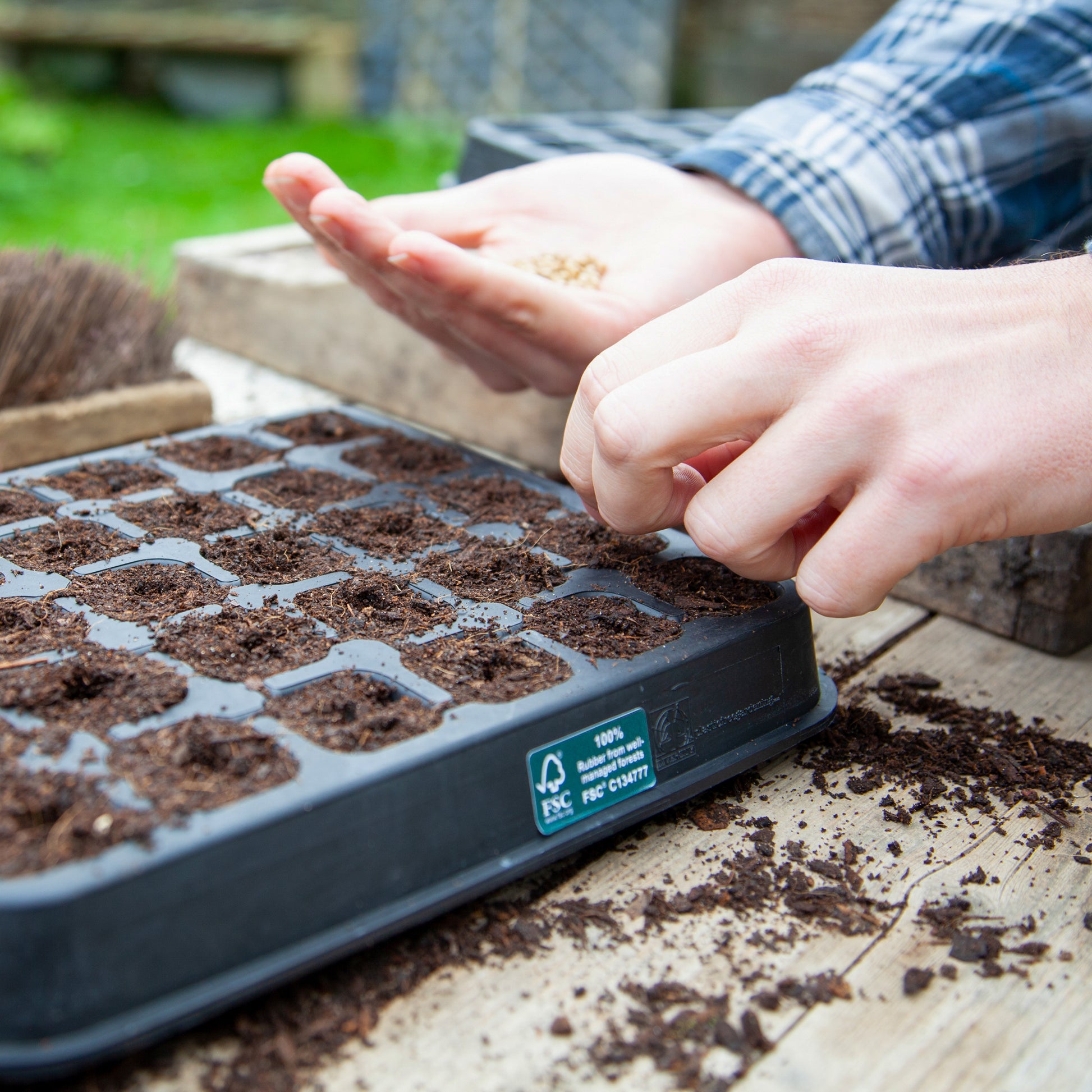 Black, plastic free, thirty cell seed tray with small cells made of FSC certified, fair trade natural rubber.