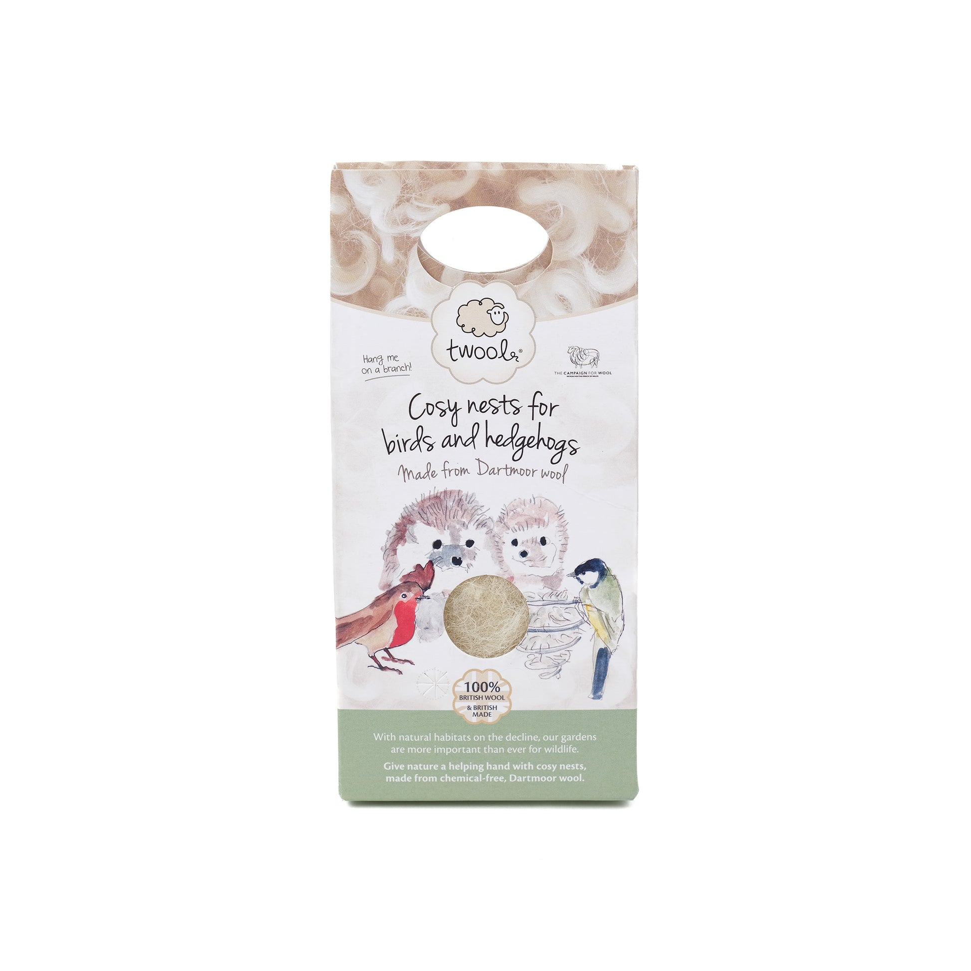 A small packet of nesting wool for birds and hedgehogs by Twool.