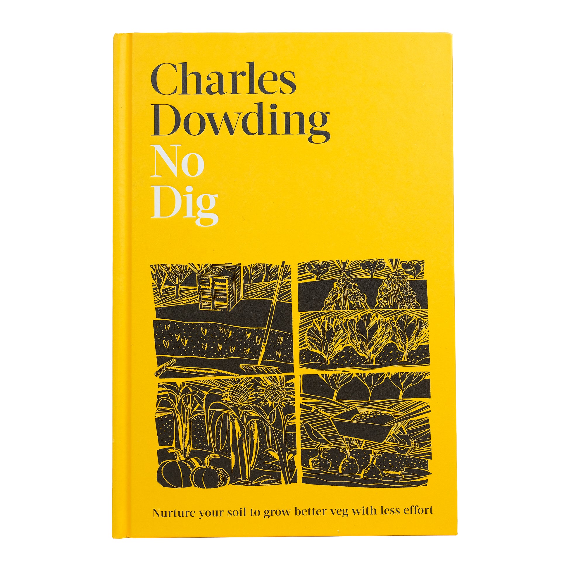 Book cover of 'No Dig' by Charles Dowding with yellow background and black garden illustrations.