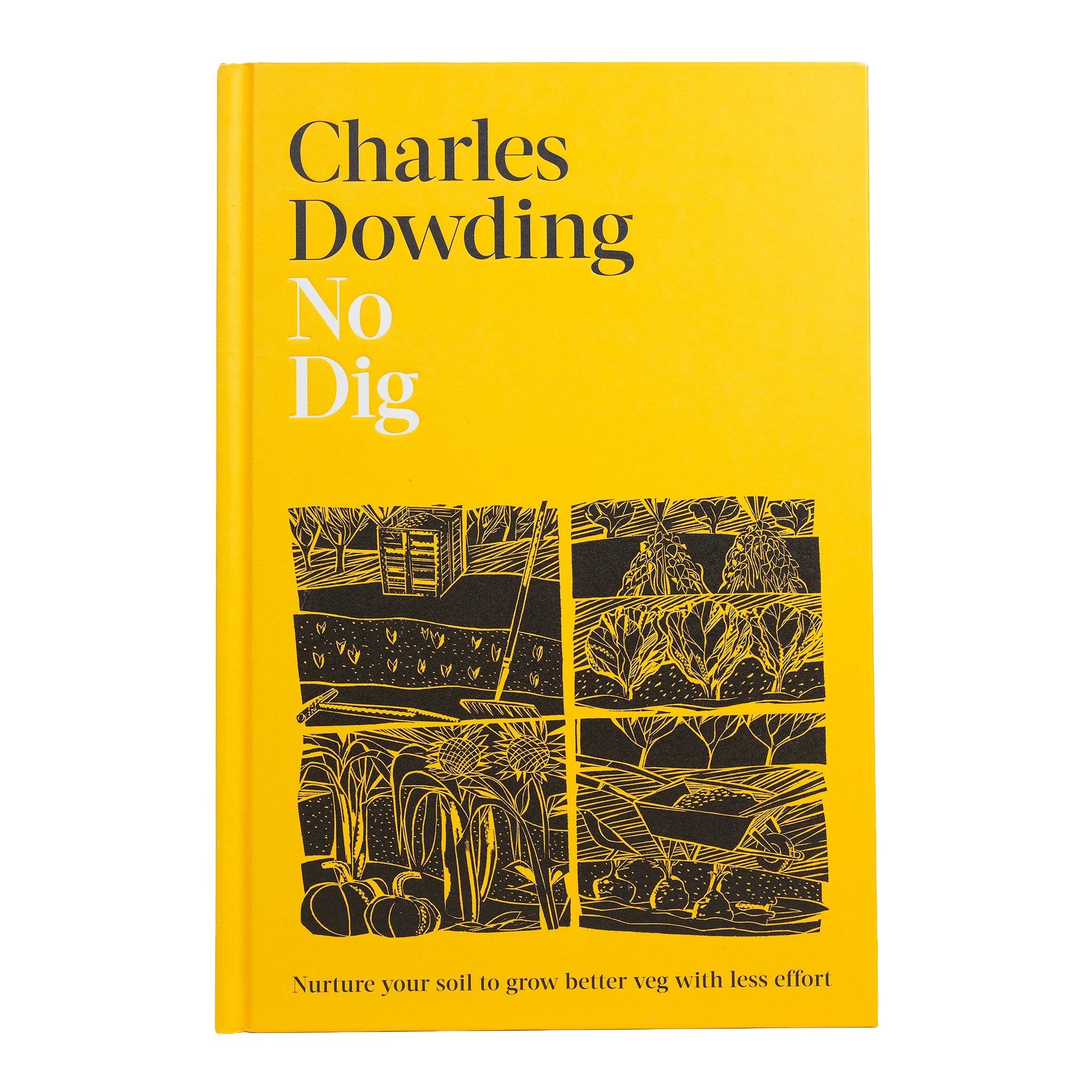Book cover of 'No Dig' by Charles Dowding with yellow background and black garden illustrations.