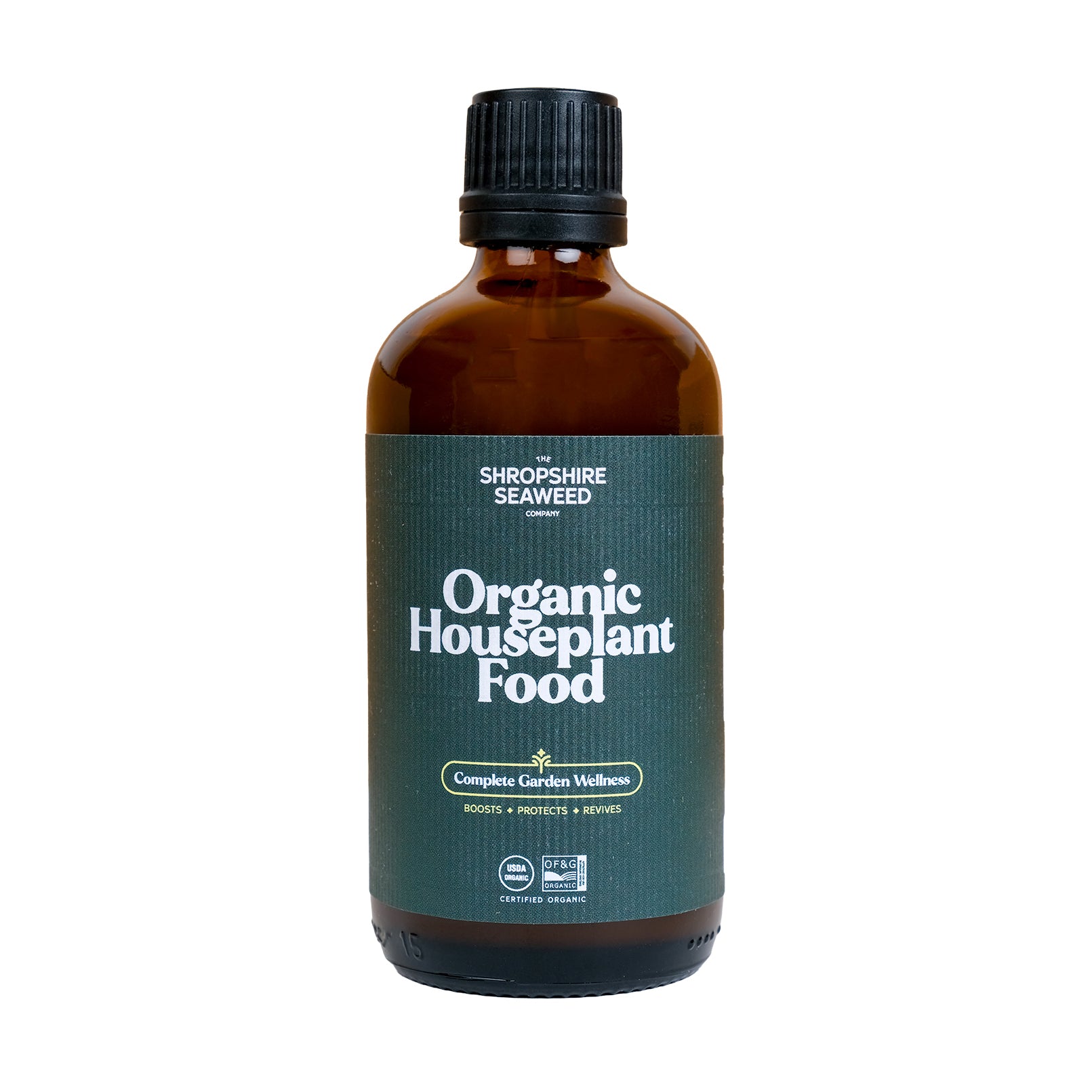Glass bottle of organic houseplant food.