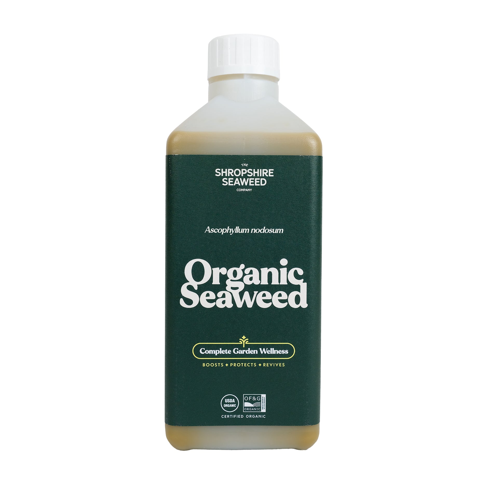 Bottle of organic liquid seaweed fertiliser.