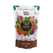 Bag of Natural Grower organic plant feed with colourful illustrations of flowers, fruit, vegetables.