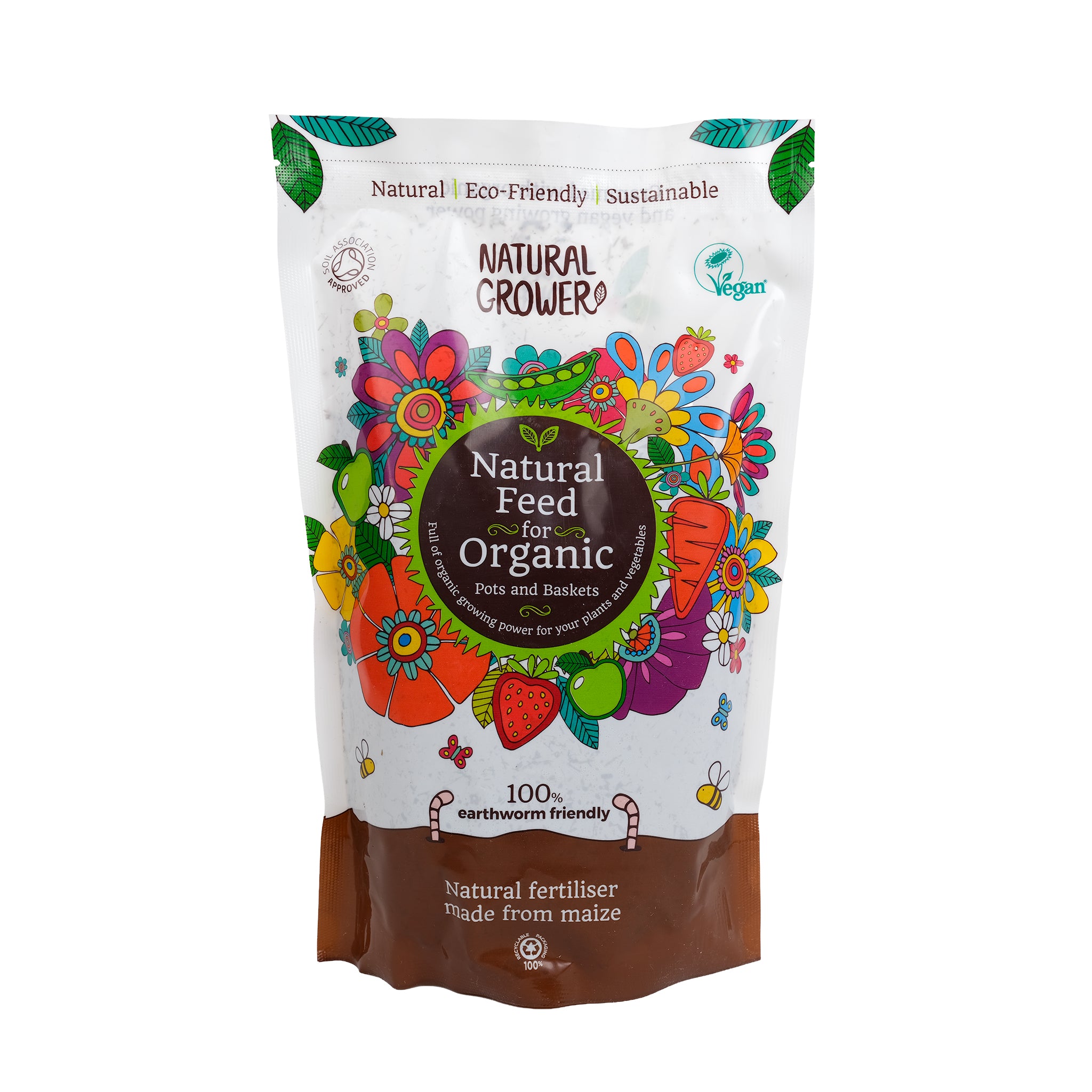 Bag of Natural Grower organic plant feed with colourful illustrations of flowers, fruit, vegetables.