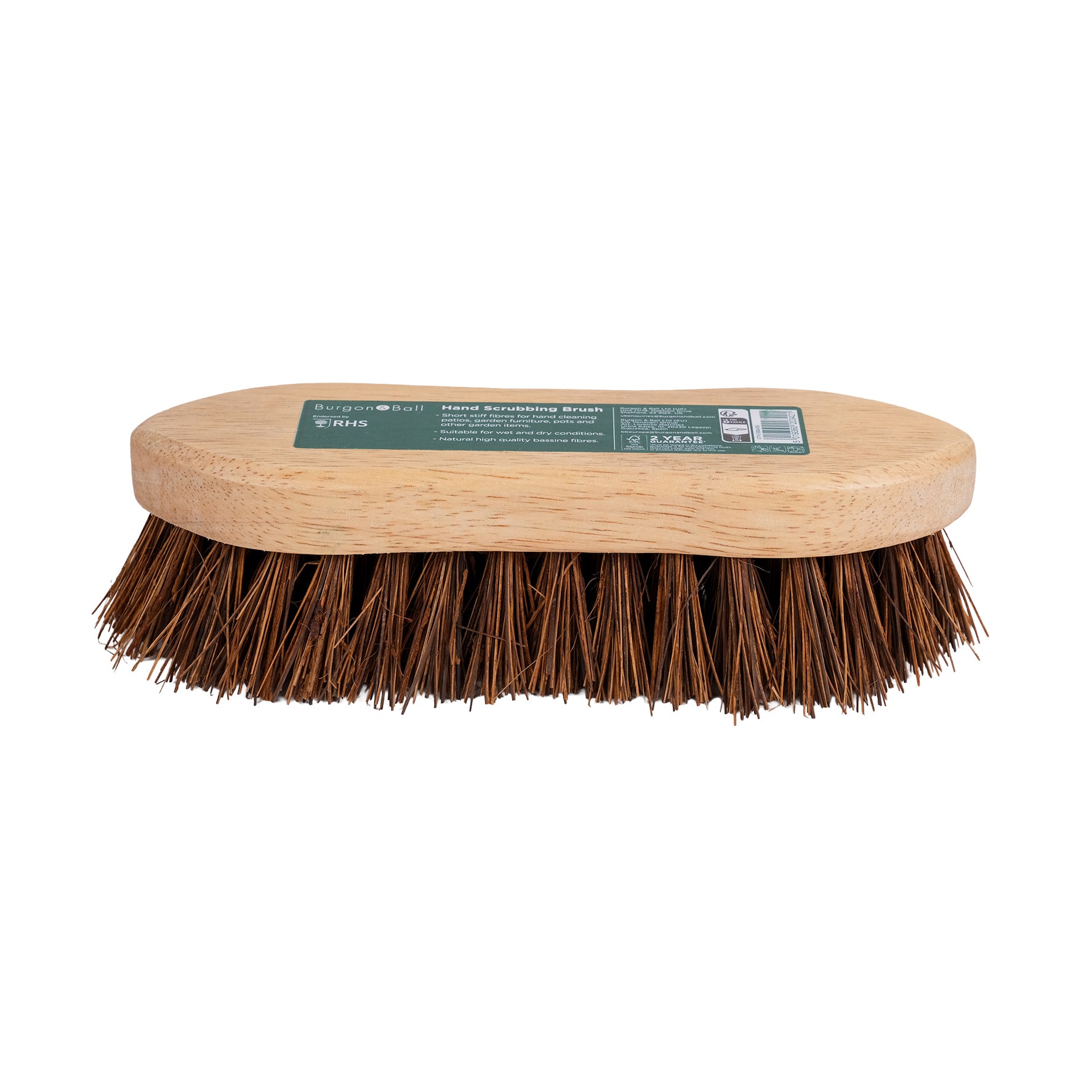 Wooden hand scrubbing brush with natural fibre bristles.