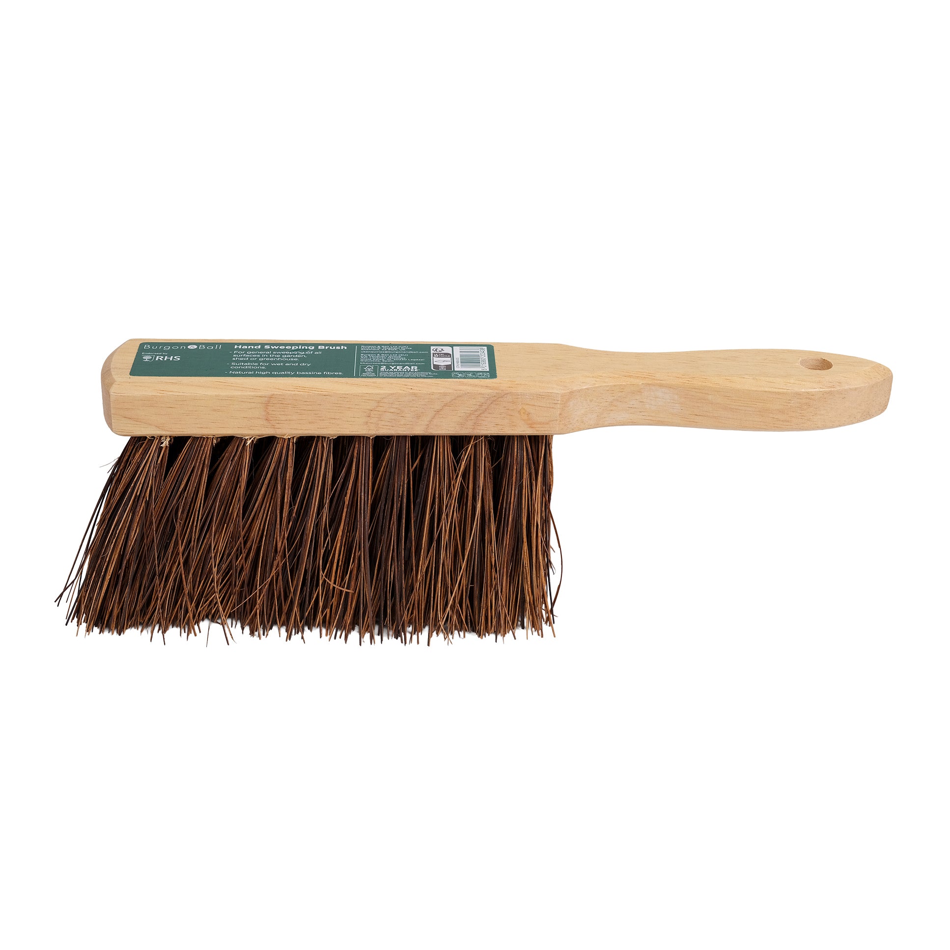 Wooden hand sweeping brush with natural bristles.