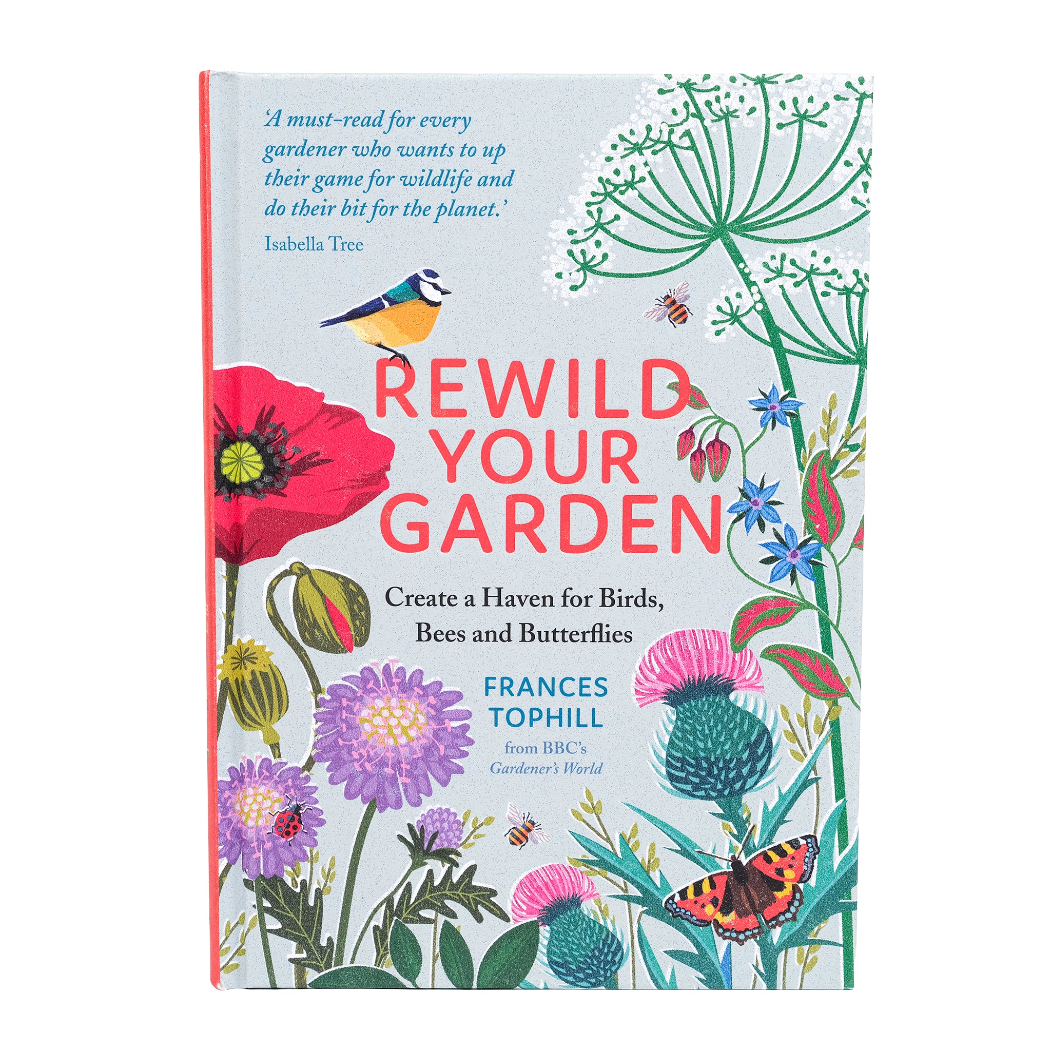 Book cover of 'Rewild Your Garden' with colourful illustrations of British plants and animals.