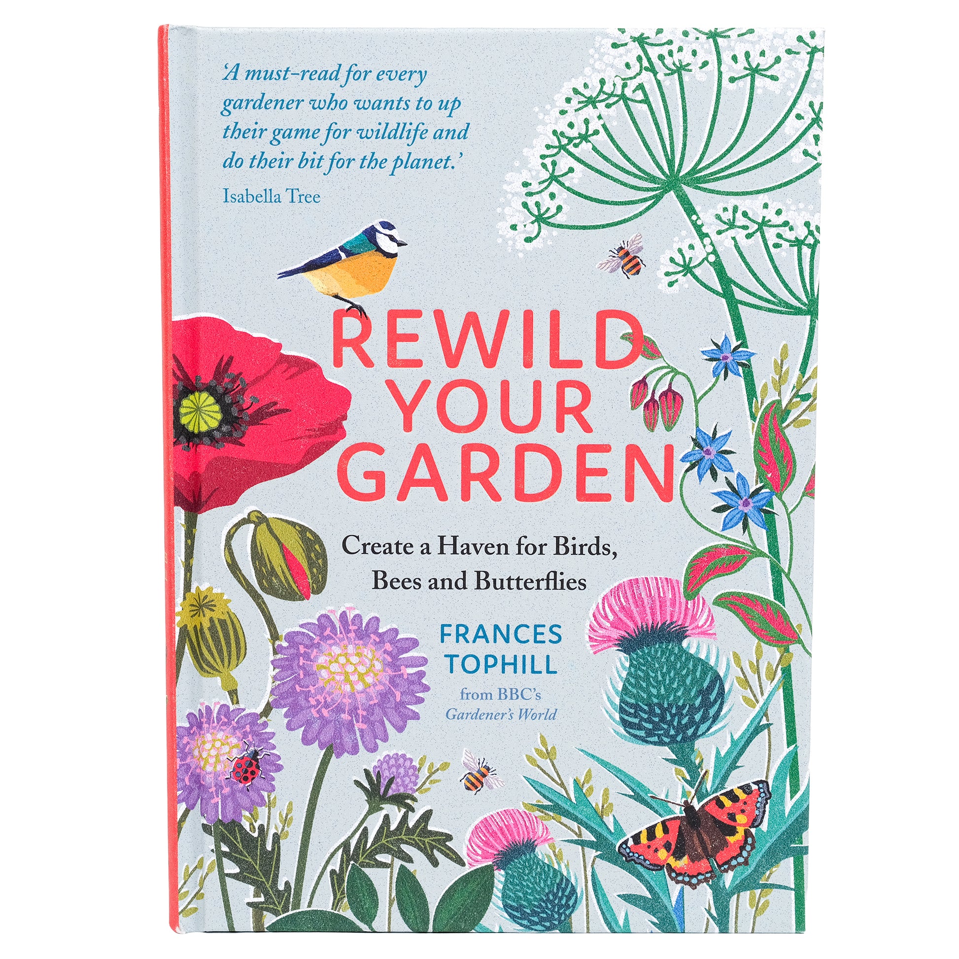 Book cover of 'Rewild Your Garden' with colourful illustrations of British plants and animals.