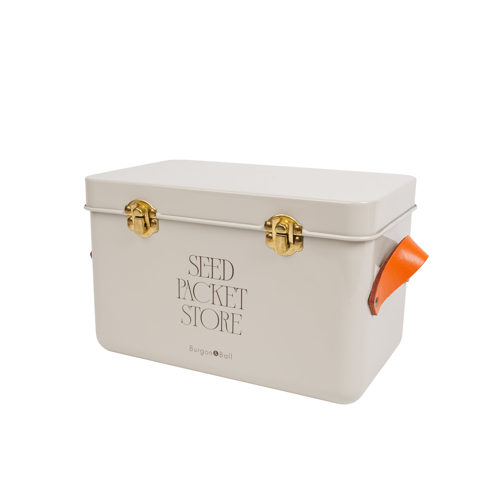 Seed packet storage tin in a mushroom colour.