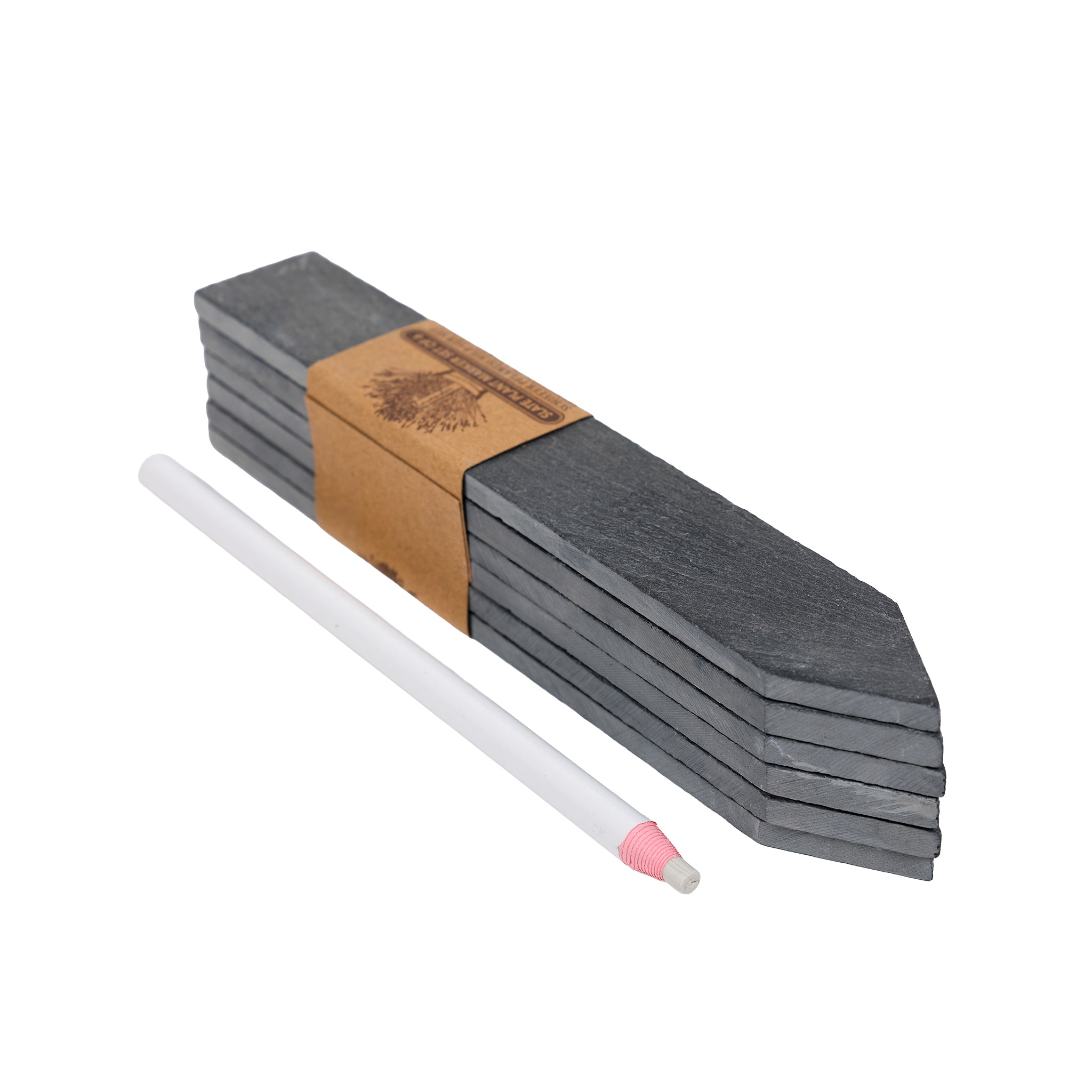 Stack of six slate plant markers with a white wax pencil.