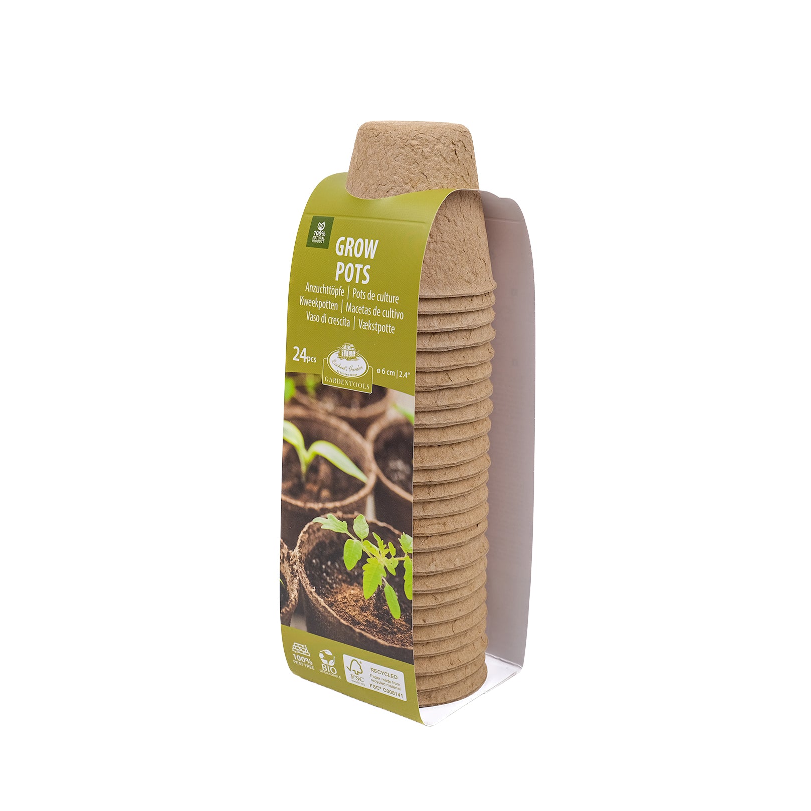 Pack of twenty four, small, paper pulp grow pots in their paper packaging.