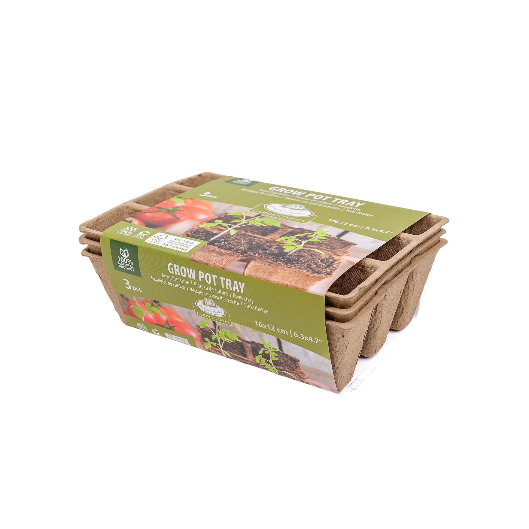 Pack of three, small, paper pulp seed trays in their paper packaging.