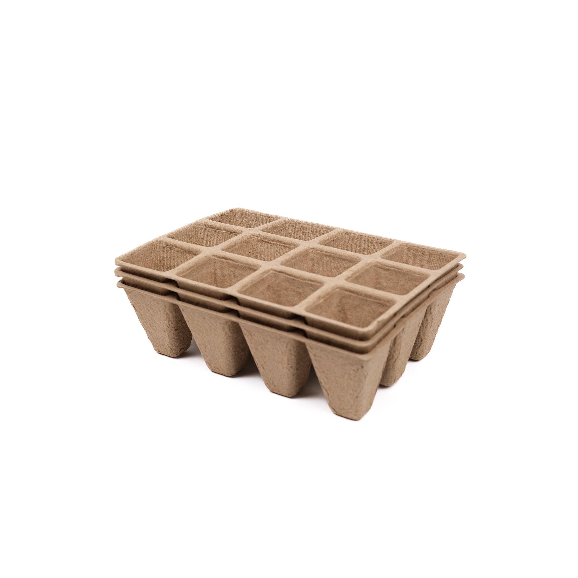 Pack of three, plastic free, small biodegradable seed trays made of FSC certified recycled paper pulp.